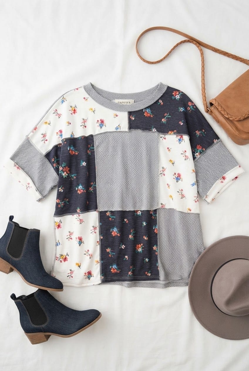 Patchwork Floral and Textured Knit Top