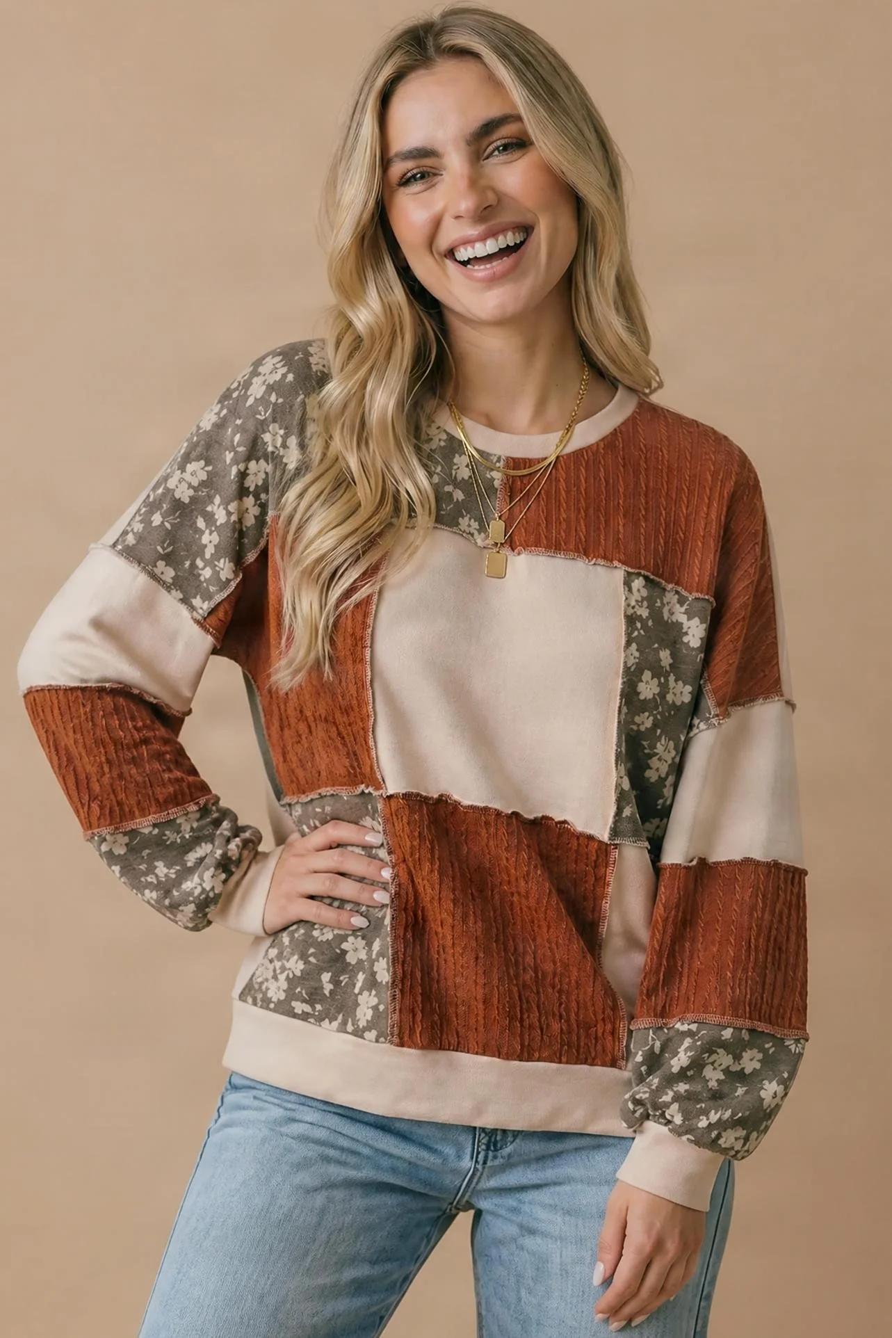 Patchwork Mixed Media Long Sleeve Top - Image 4
