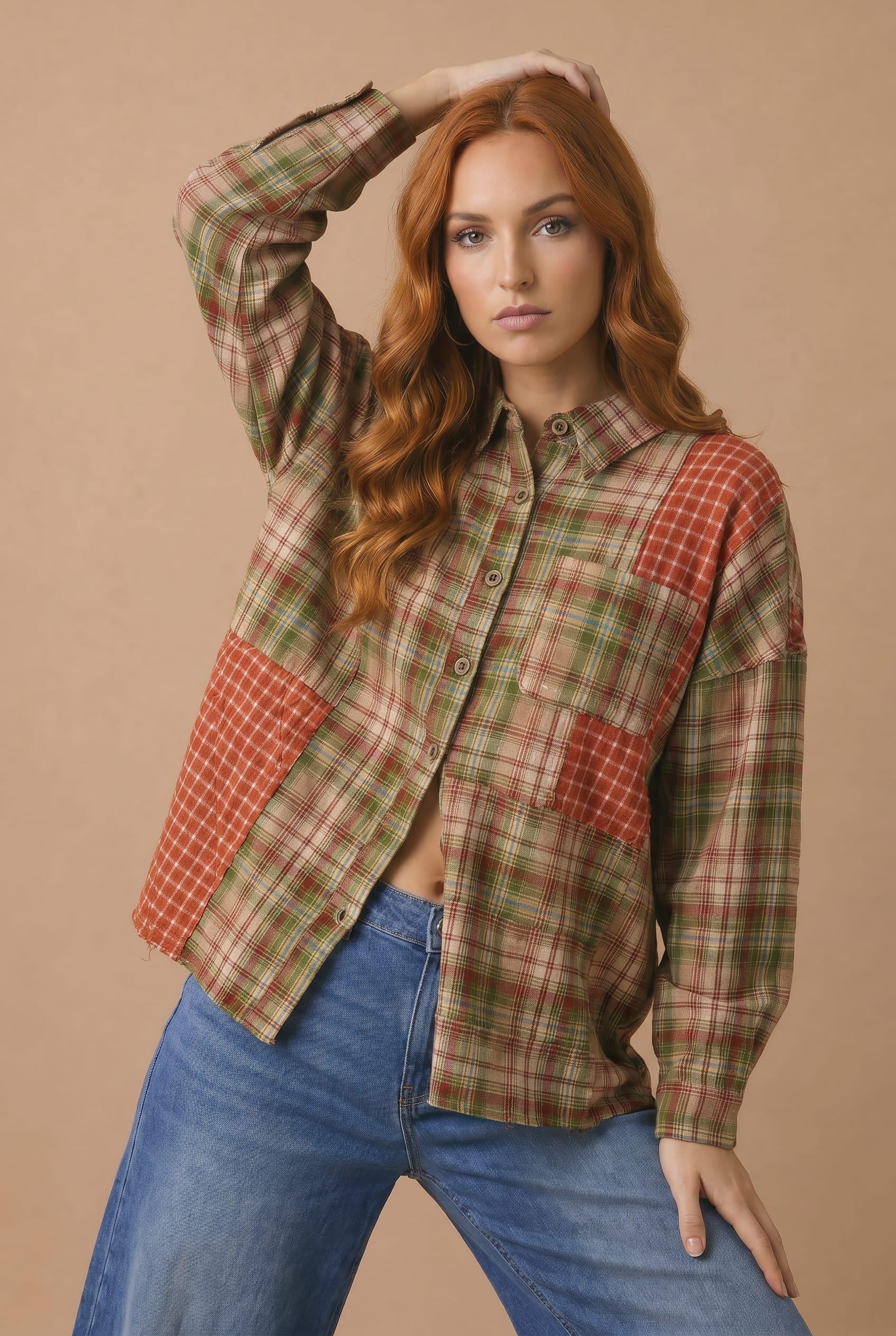 Patchwork Plaid Flannel Button Down Shacket - Image 5