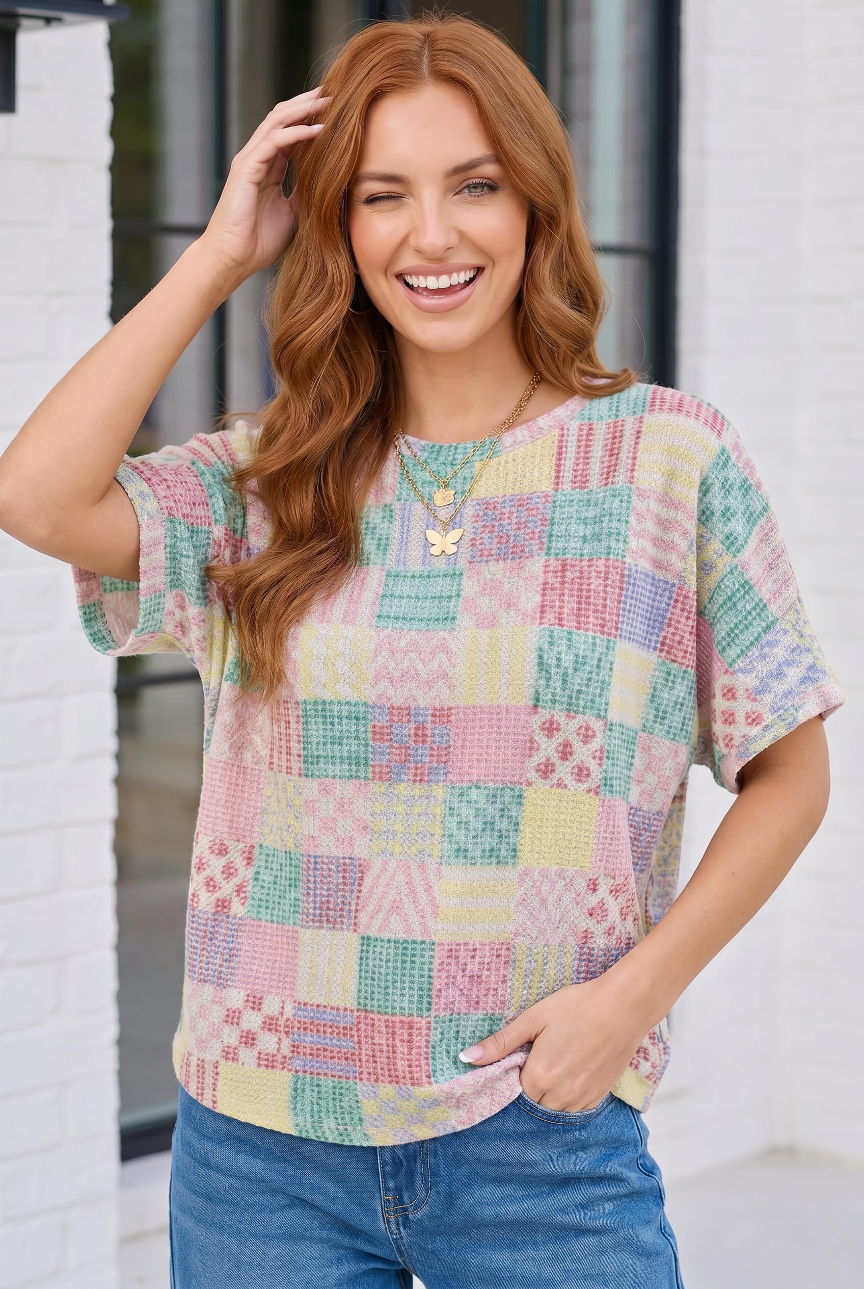 Patchwork Print Short Sleeve Knit Top - Image 2