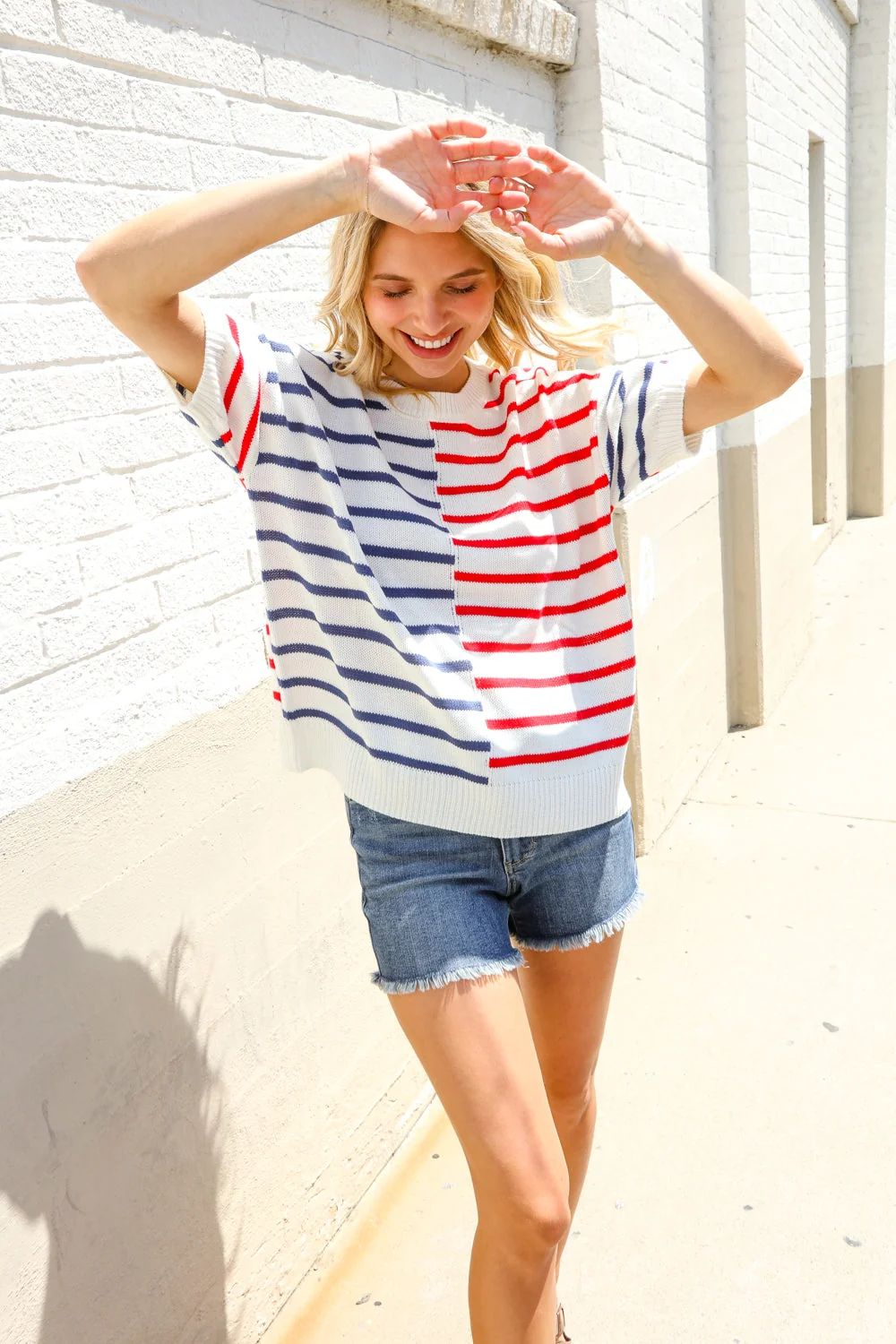 Patriotic Red & Blue Stripe Drop Shoulder Oversize Sweater Top (Open Pack) - Image 18