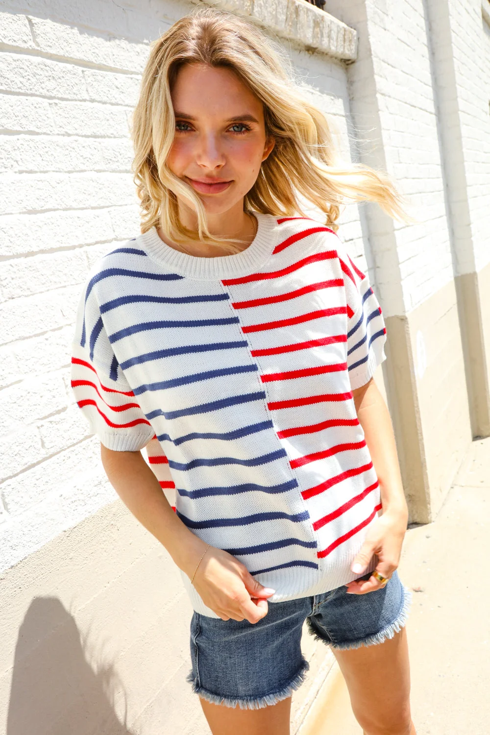 Patriotic Red & Blue Stripe Drop Shoulder Oversize Sweater Top (Open Pack) - Image 6