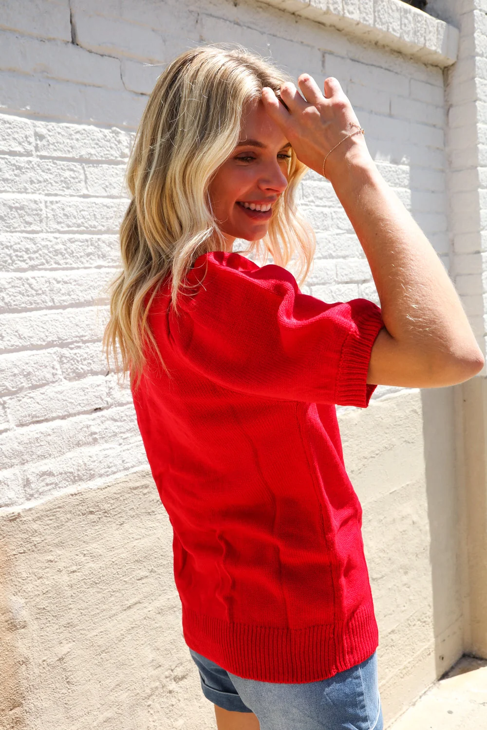 Patriotic USA Red Knit Embroidery Puff Sleeve Sweater Top (Open Pack) - Image 2