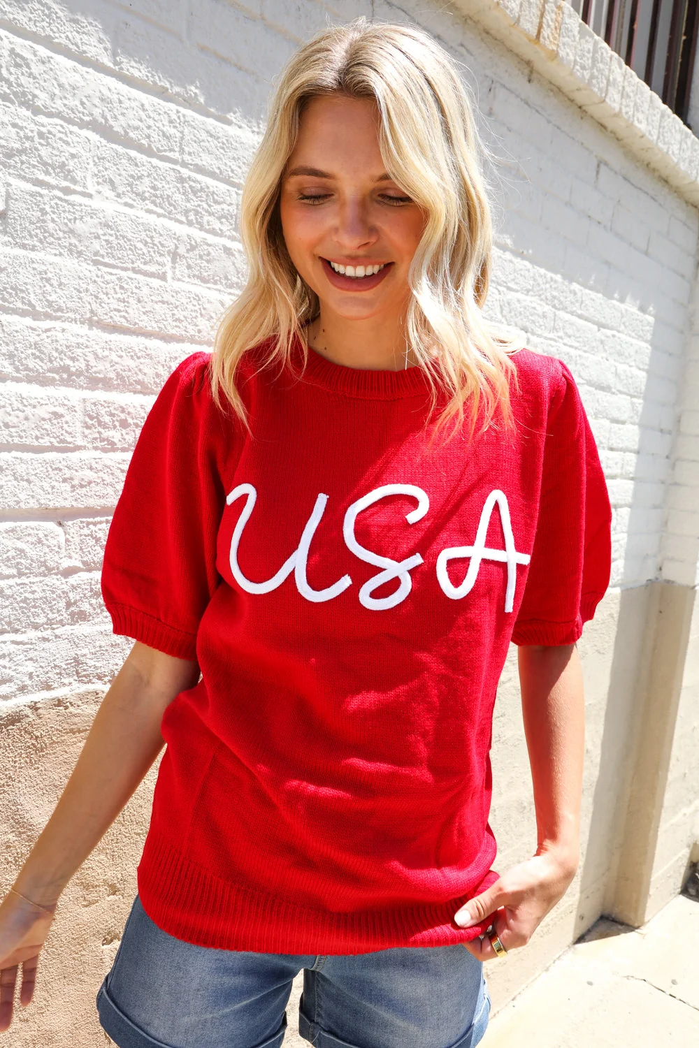 Patriotic USA Red Knit Embroidery Puff Sleeve Sweater Top (Open Pack) - Image 5
