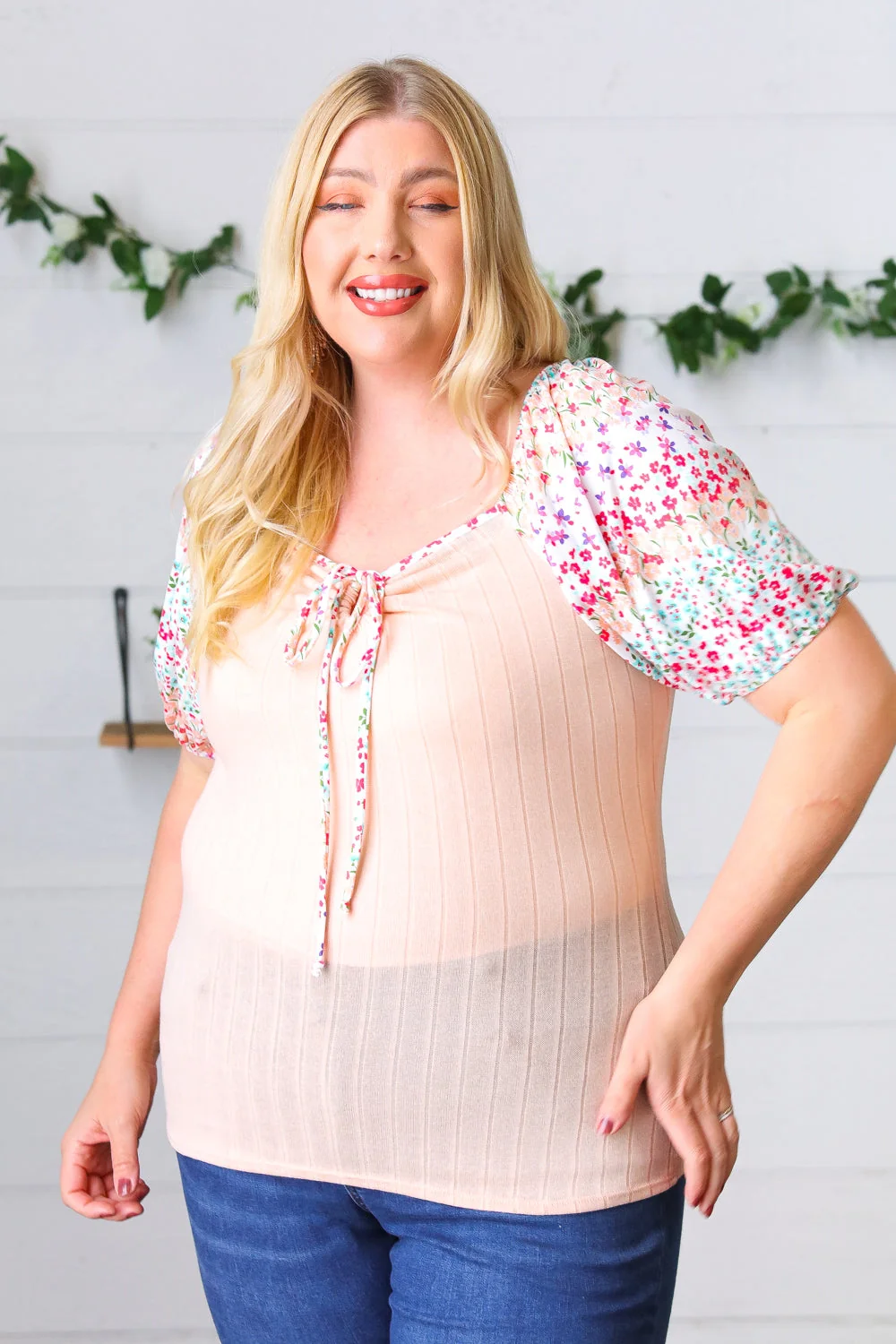 Peach & Floral Tie Neck Bubble Sleeve Top - Image 3