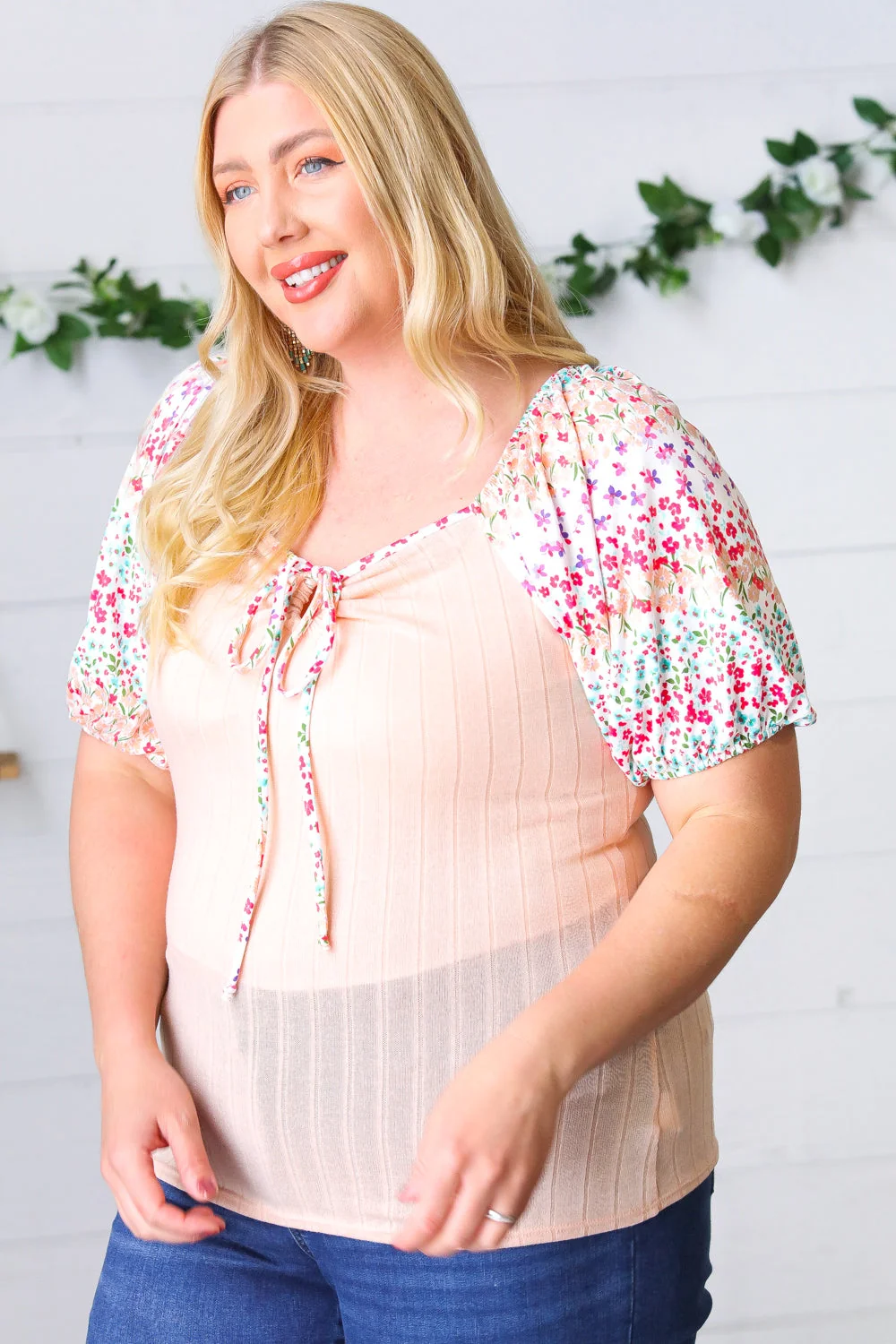 Peach & Floral Tie Neck Bubble Sleeve Top - Image 4
