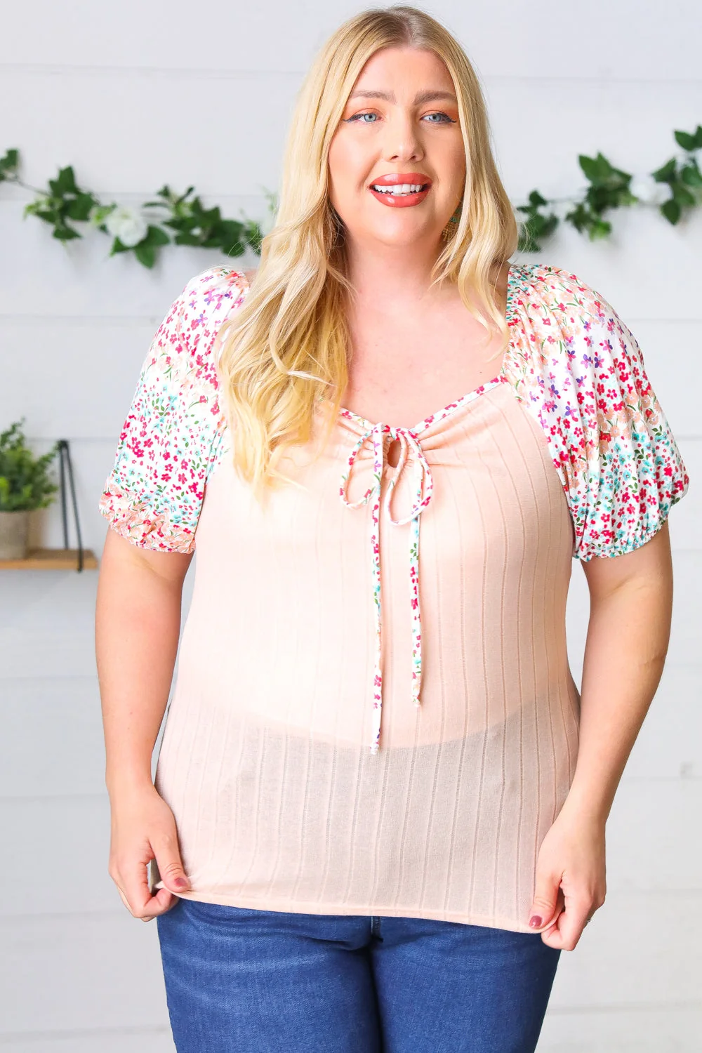 Peach & Floral Tie Neck Bubble Sleeve Top - Image 8