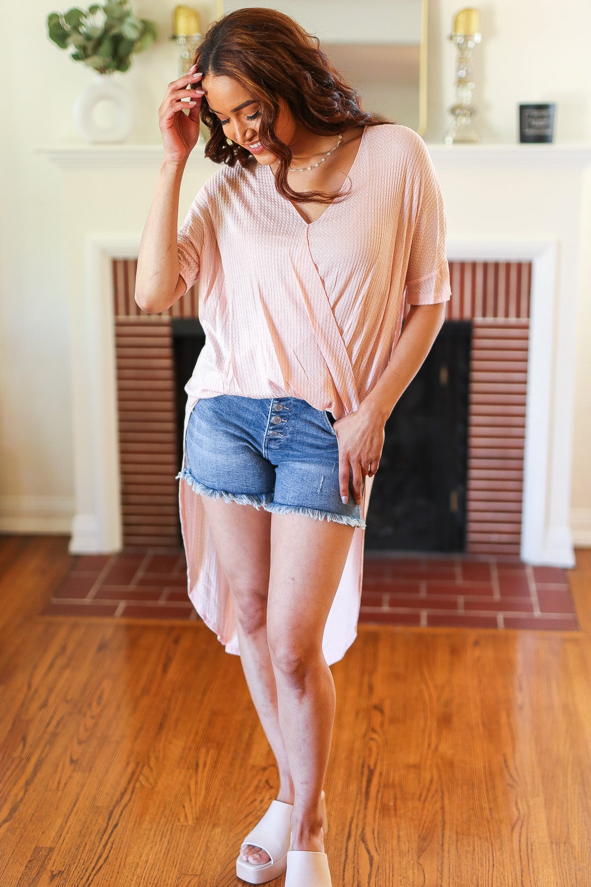 Peach High Low V Neck Top - Image 3