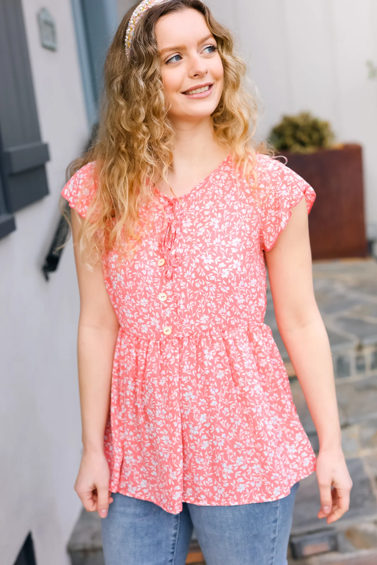Peach V Keyhole Button Down Flutter Short Sleeve Floral Top - Image 4