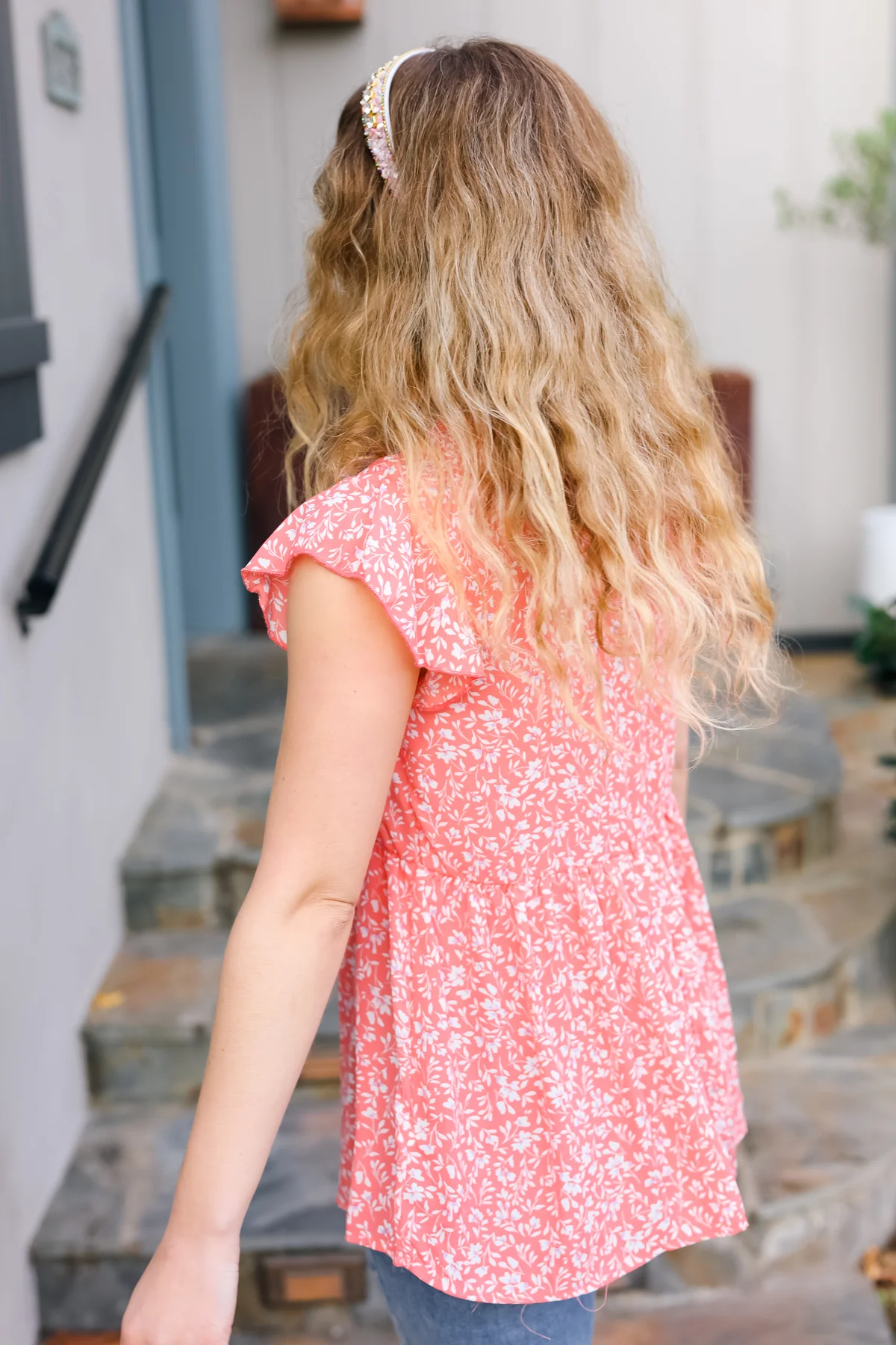Peach V Keyhole Button Down Flutter Short Sleeve Floral Top - Image 5