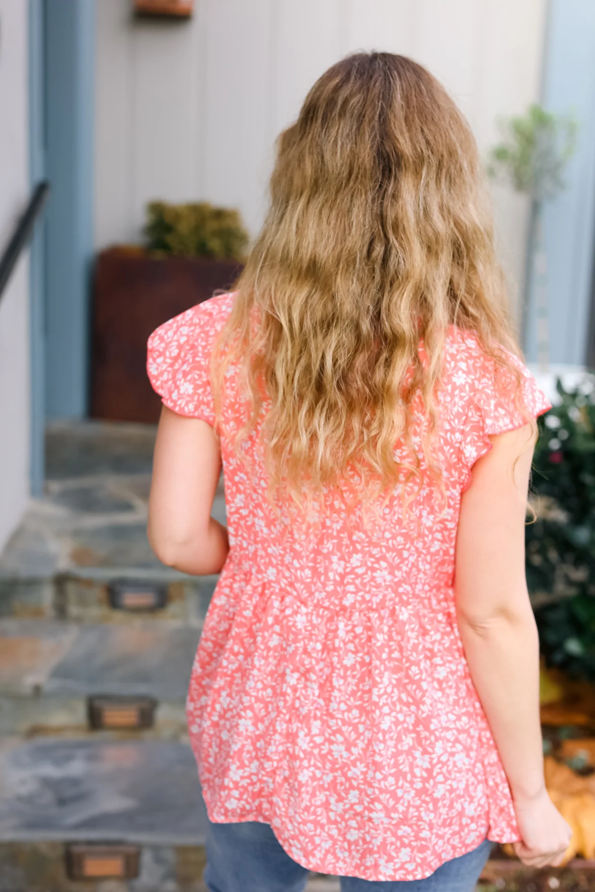 Peach V Keyhole Button Down Flutter Short Sleeve Floral Top - Image 6