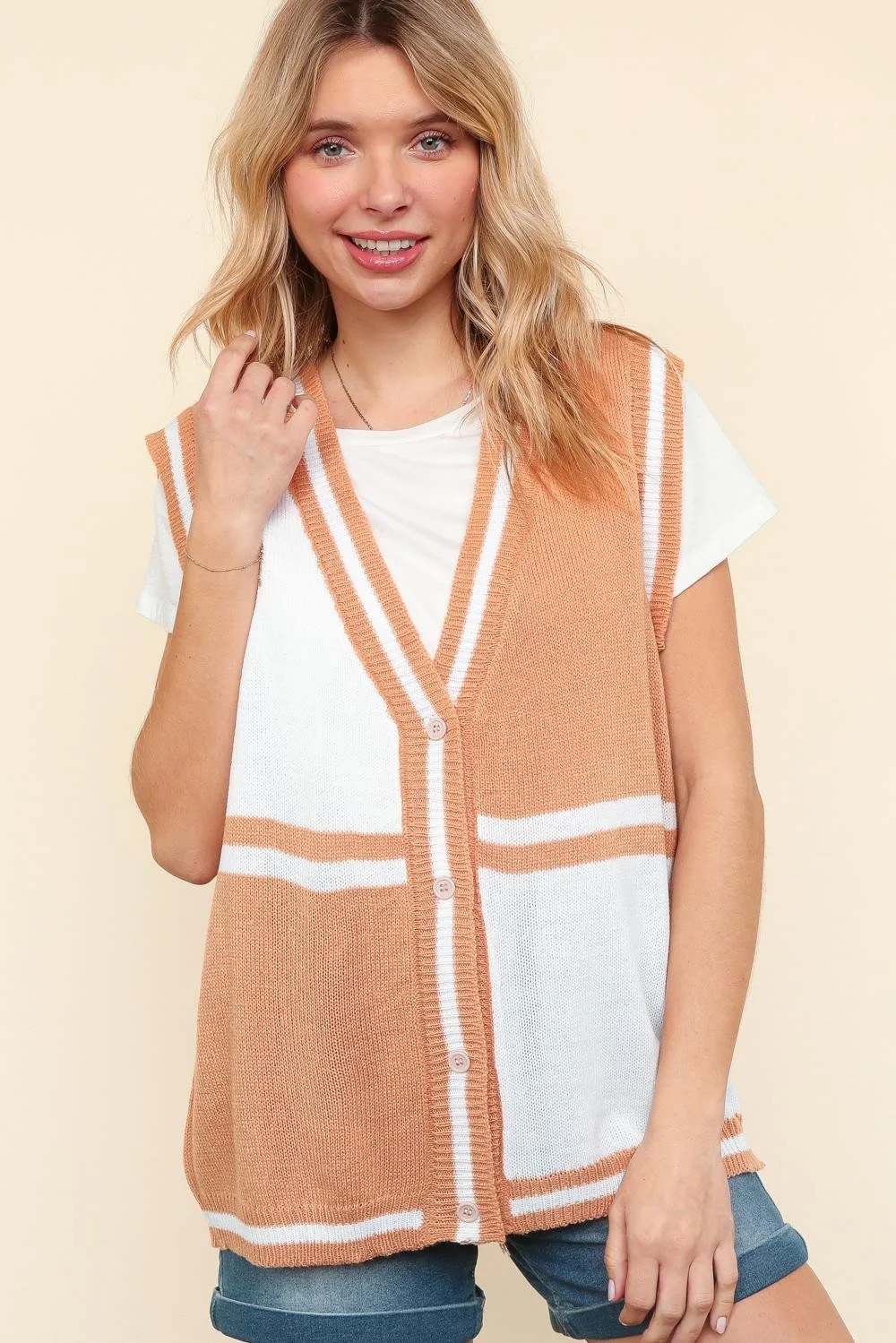 Peach V Neck Button Down Color Block Sweater Vest - Image 6