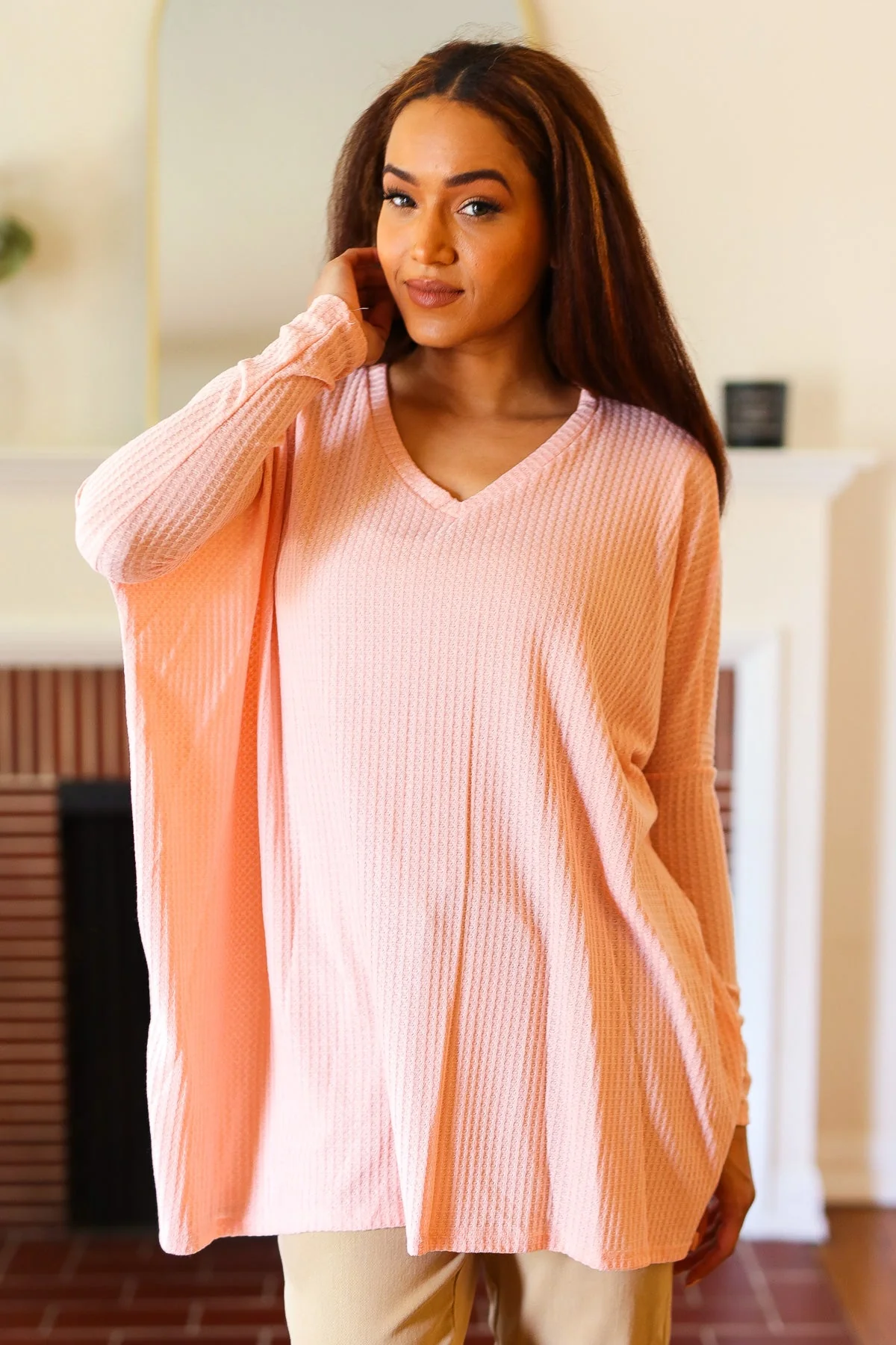 All For Love Peach Waffle Knit V Neck Dolman Top (Open Pack) - Image 5