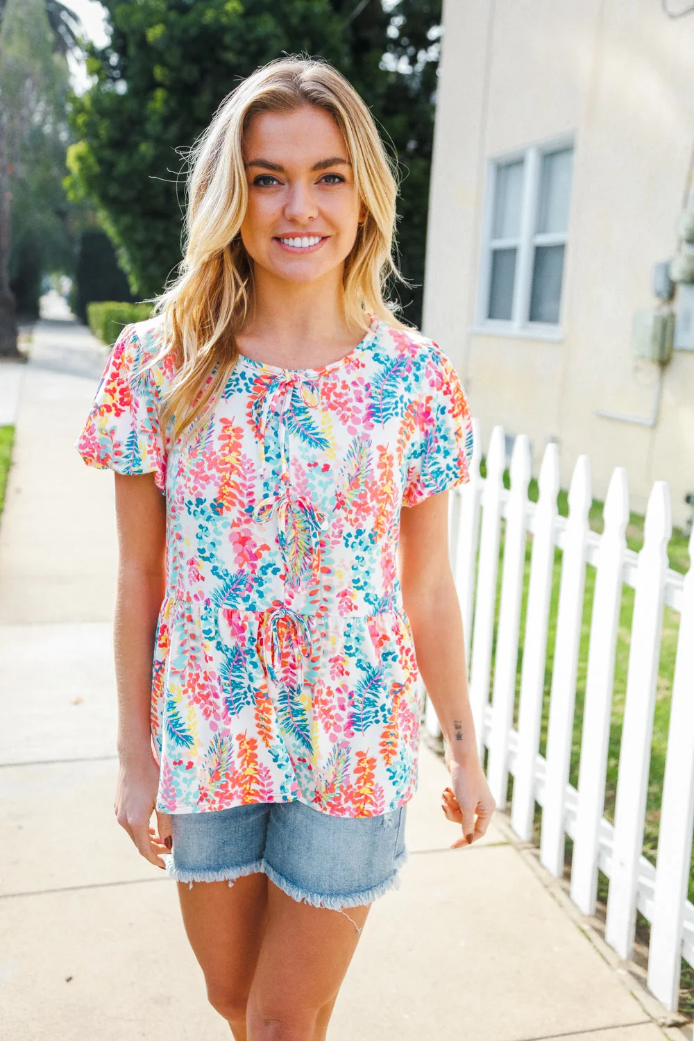 Perfect Find Ivory Floral Leaf Print Short Sleeve Babydoll Top (Open Pack) - Image 11