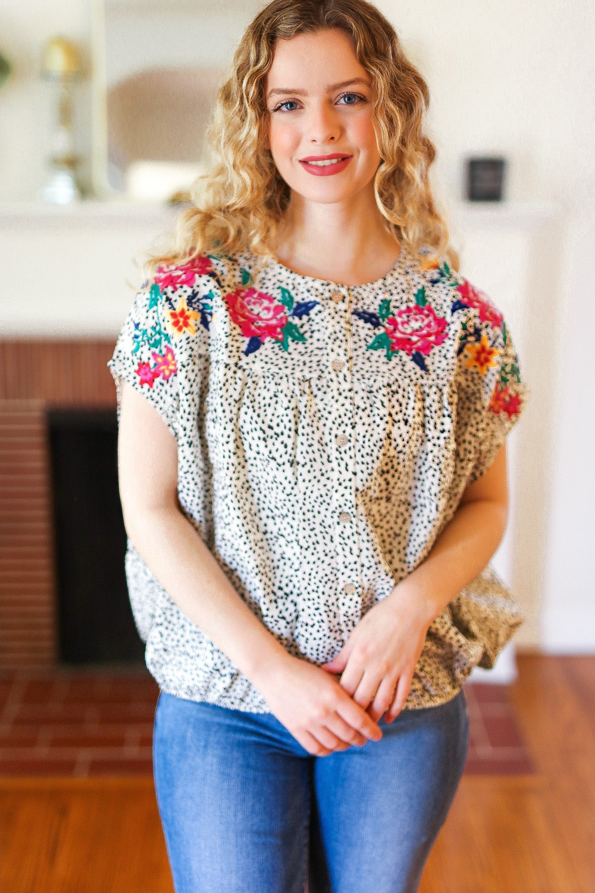Perfectly Poised Ivory Animal Print Floral Embroidery Button Down Top (Open Pack) - Image 5