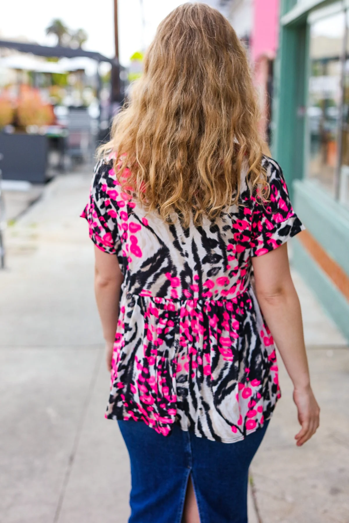 Take Me Away Pink Animal Print Babydoll V Neck Top (Open Pack) - Image 3