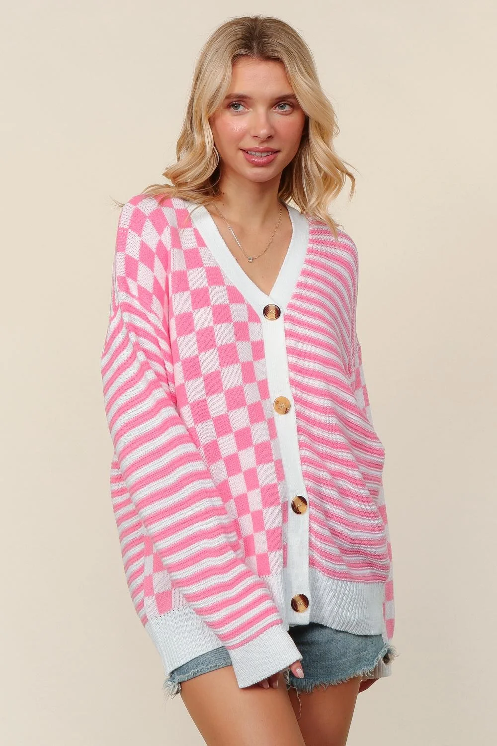PINK BUTTON DOWN CHECKER STRIPE SWEATER CARDIGAN - Image 2