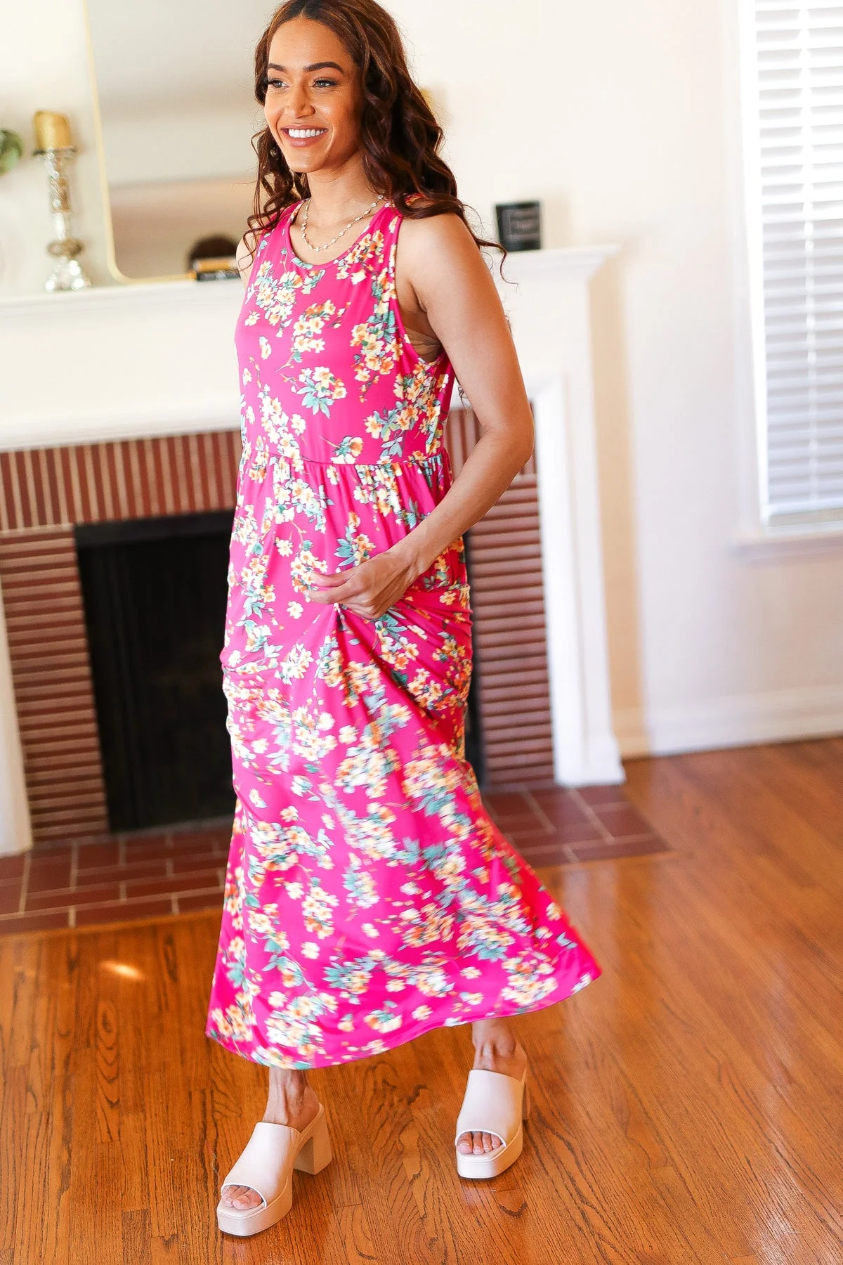 Pink Floral Print Fit and Flare Sleeveless Maxi Dress (Open Pack) - Image 12