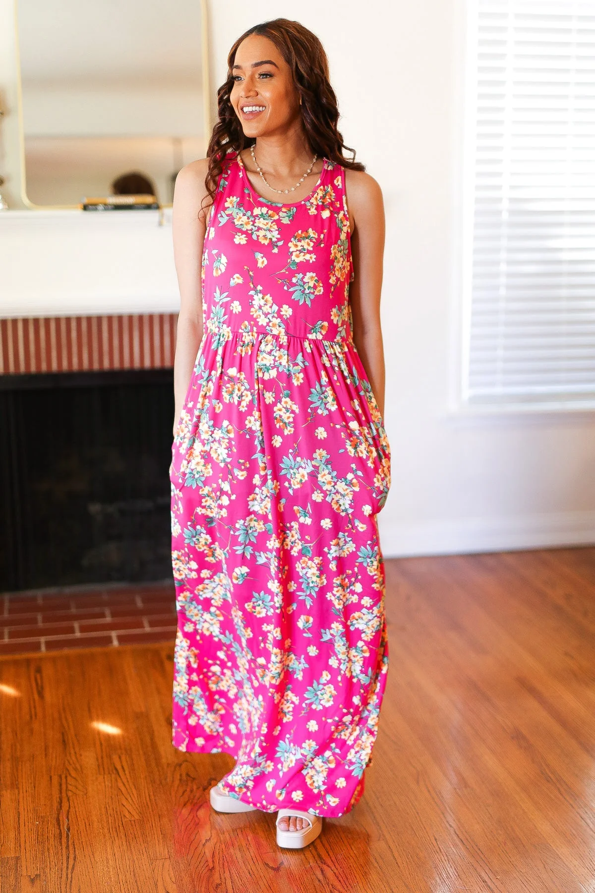 Pink Floral Print Fit and Flare Sleeveless Maxi Dress (Open Pack) - Image 7