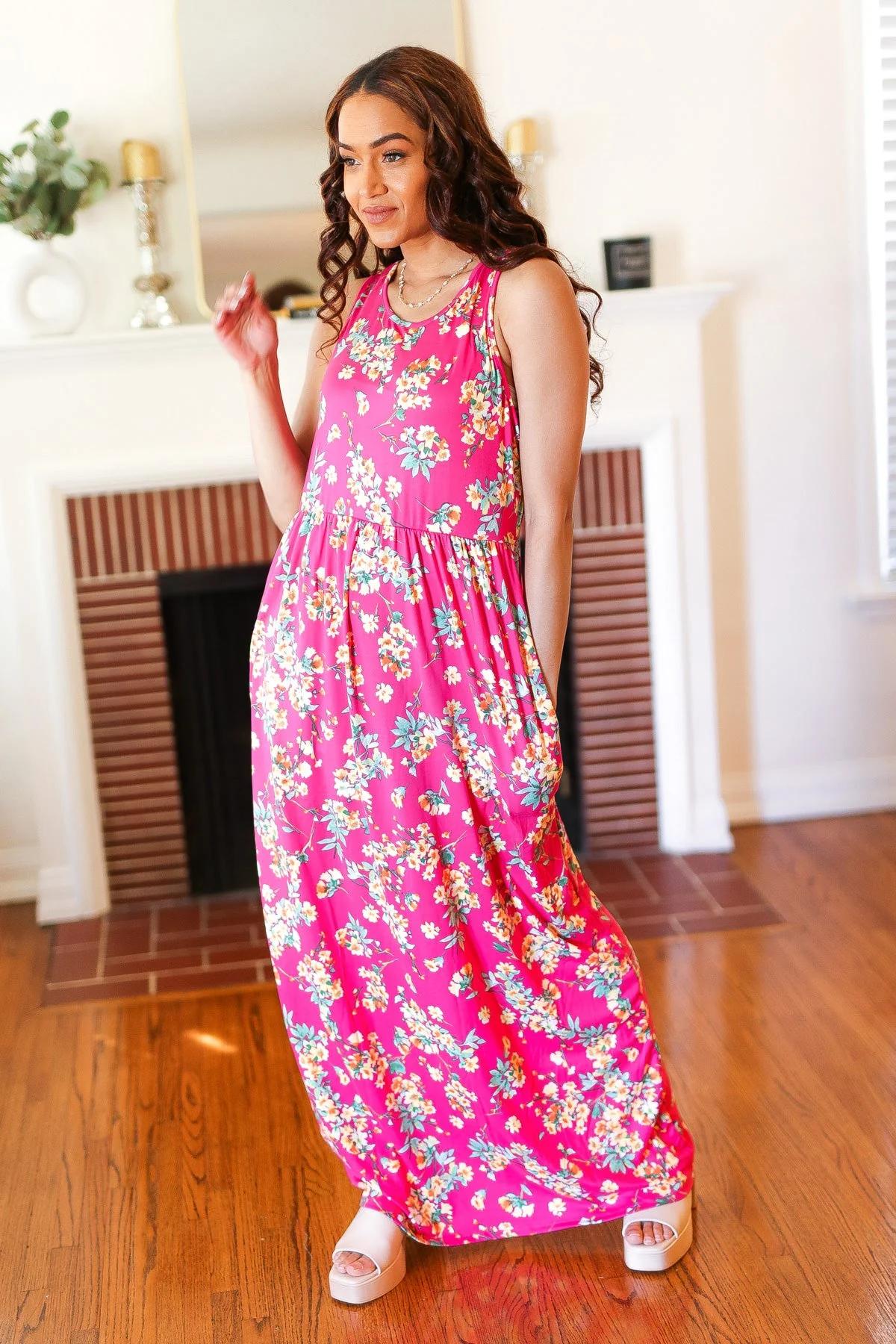 Pink Floral Print Fit and Flare Sleeveless Maxi Dress (Open Pack) - Image 8