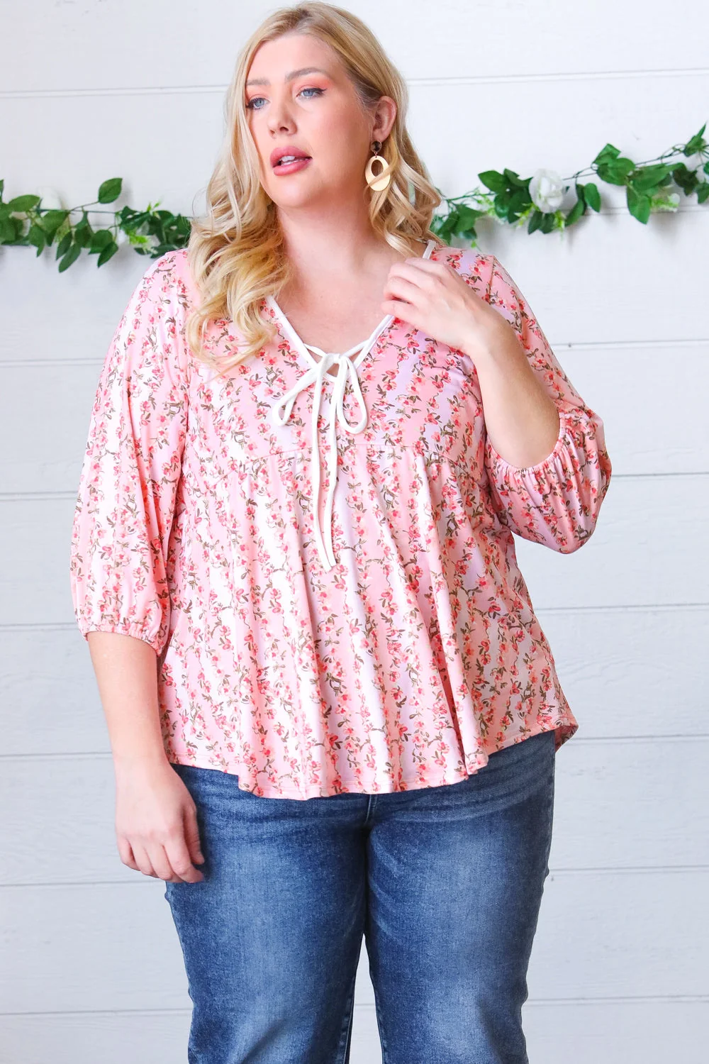 Pink Floral Stripe V Tie Neck Knit Top (Open Pack) - Image 3