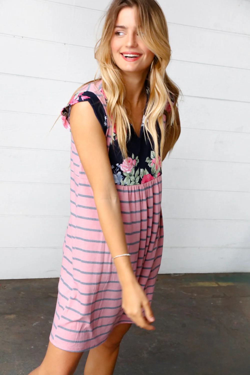 Pink Floral & Striped Yoke Babydoll Dress (Open Pack) - Image 7