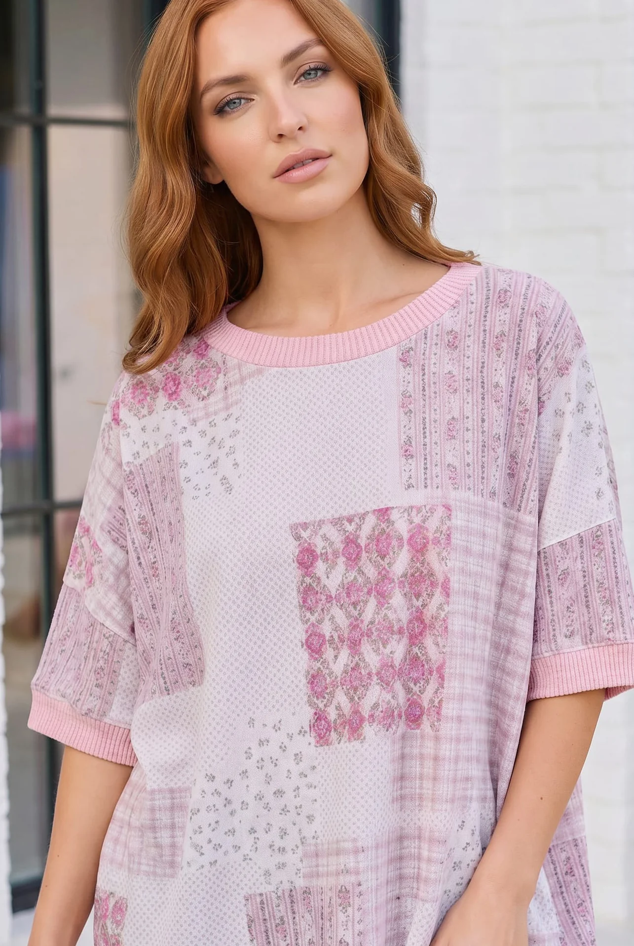 Plus Pink Patchwork Print Oversized Short Sleeve Top - Image 2