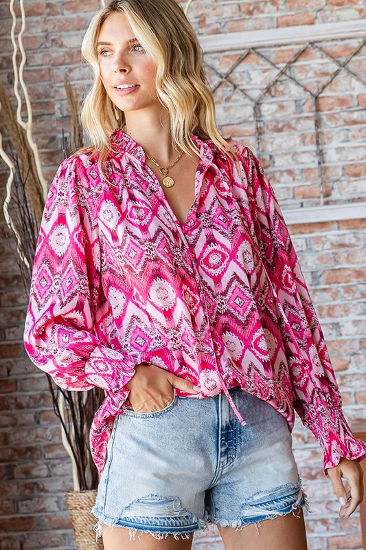 PINK PRINT SATIN WOVEN RUFFLE BLOUSE - Image 4