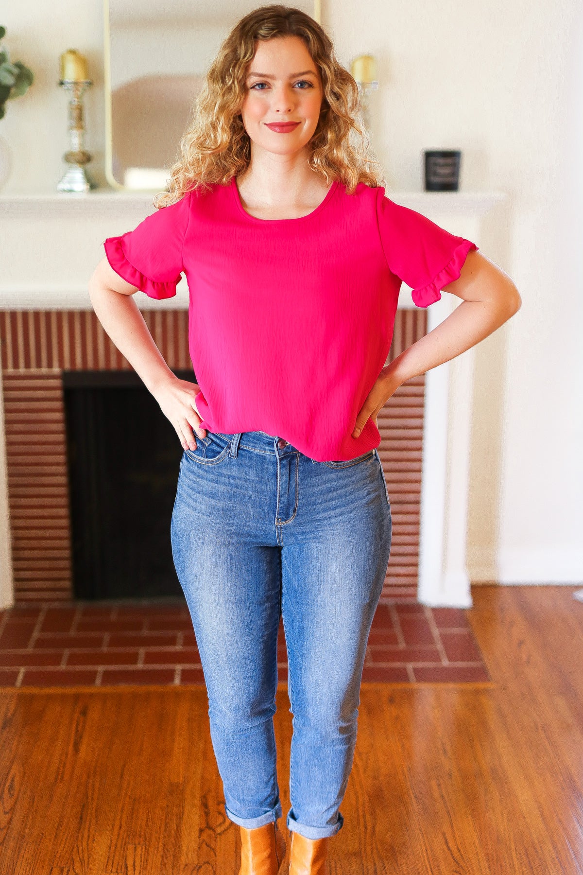 Pink Ruffle Sleeve Keyhole Button Back Blouse - Image 3