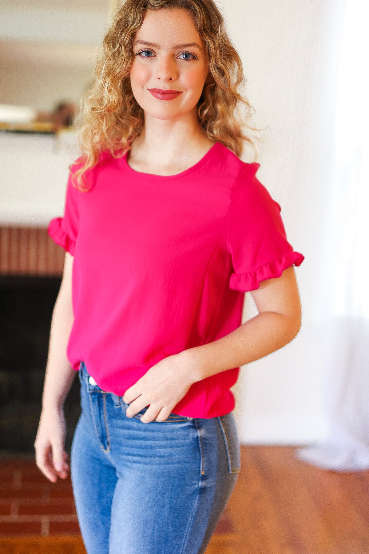 Pink Ruffle Sleeve Keyhole Button Back Blouse - Image 4