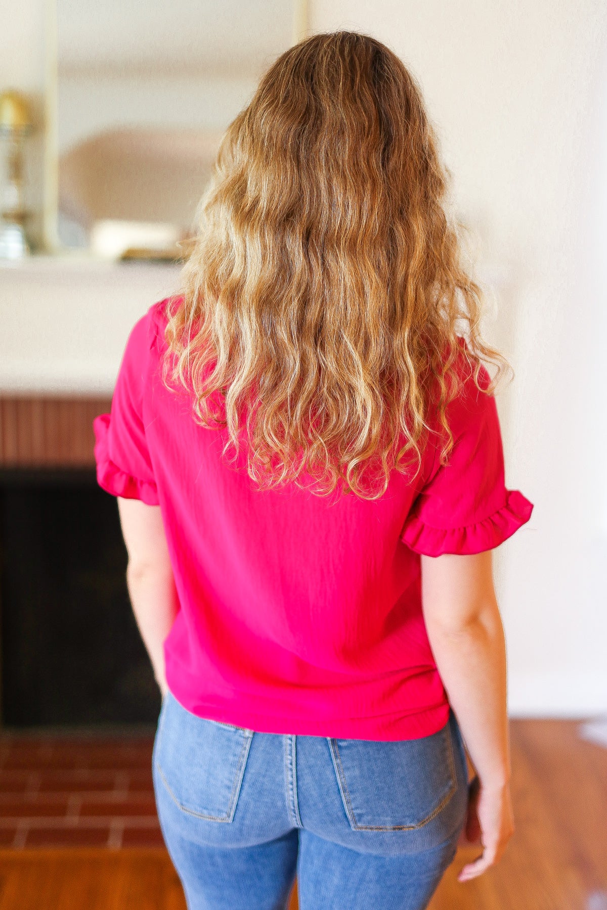 Pink Ruffle Sleeve Keyhole Button Back Blouse - Image 5