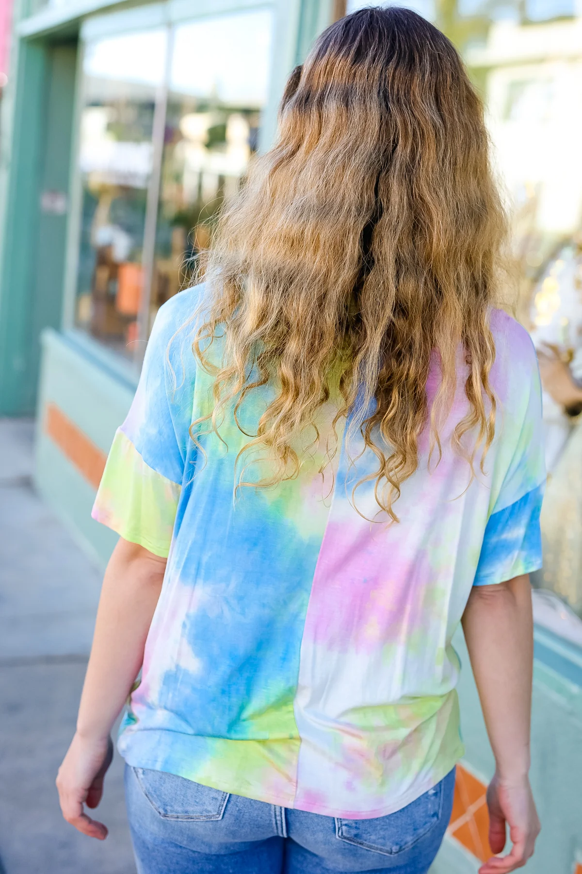 Pink Sky Blue Yellow Tie Dye Choker Short Sleeve Loose Fit Top - Image 6