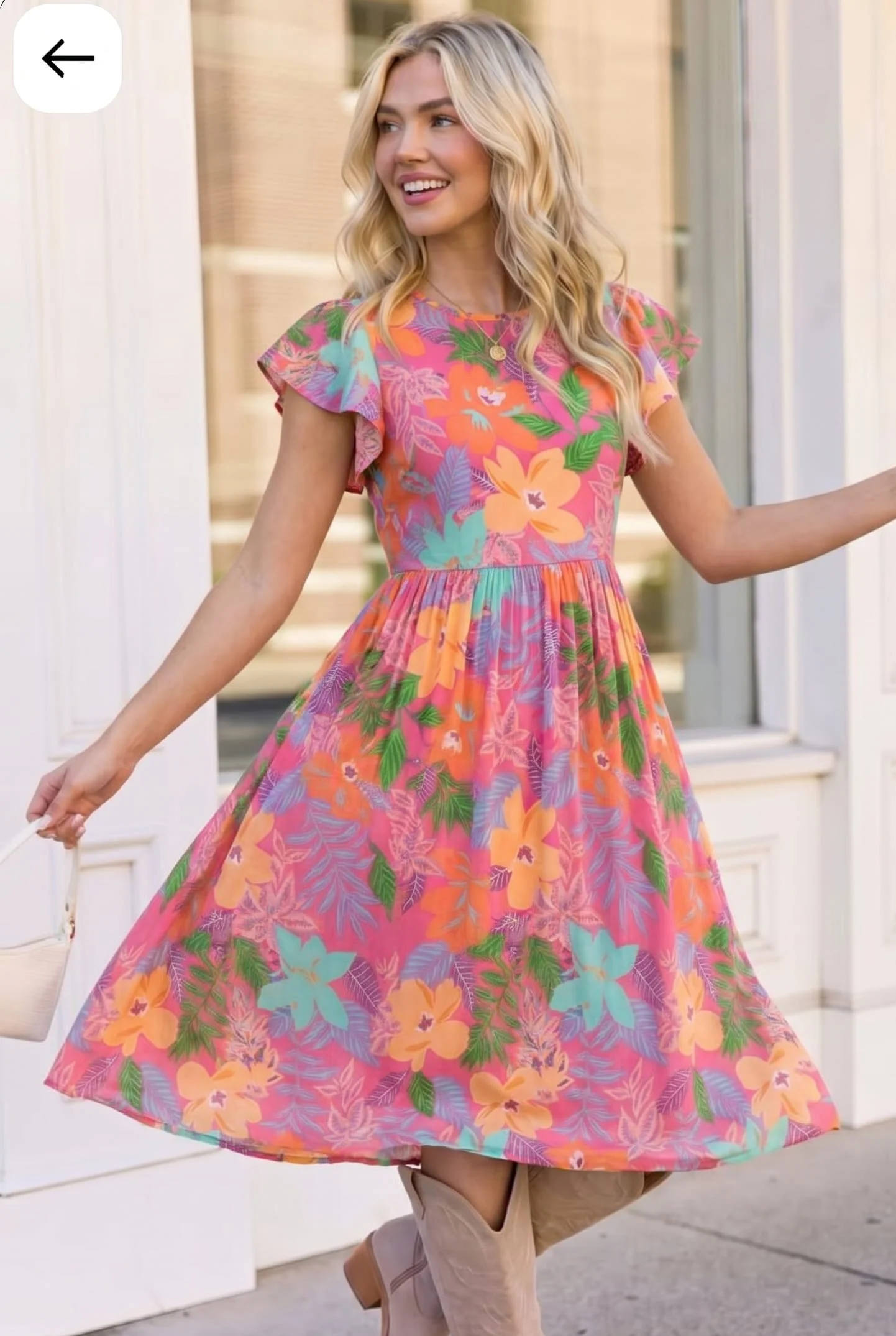 Pink Tropical Floral Flutter Sleeve Midi Dress - Image 2