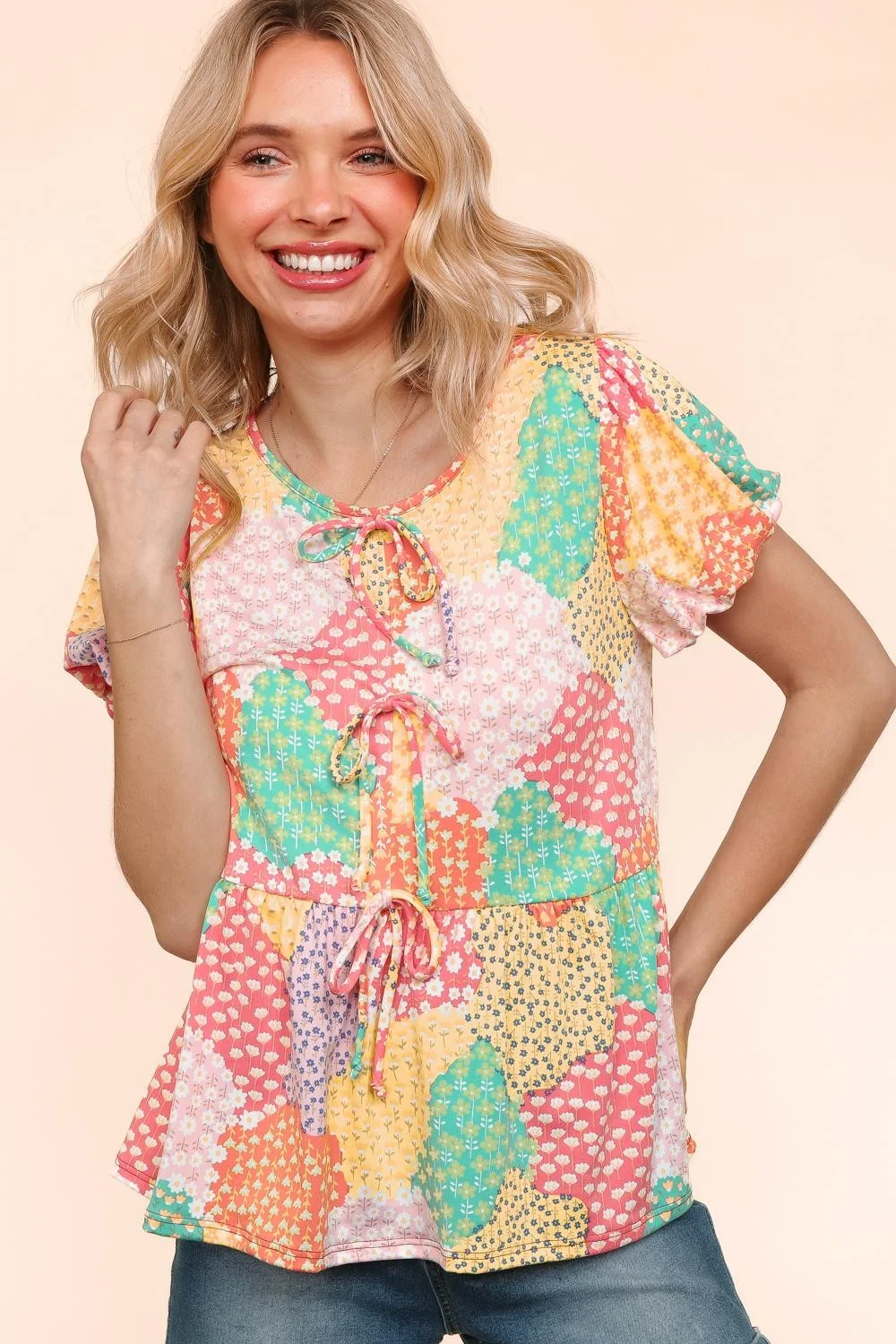 Plus Pink/Yellow Round Neck Babydoll Floral Print Knit Top (4pc) - Image 3