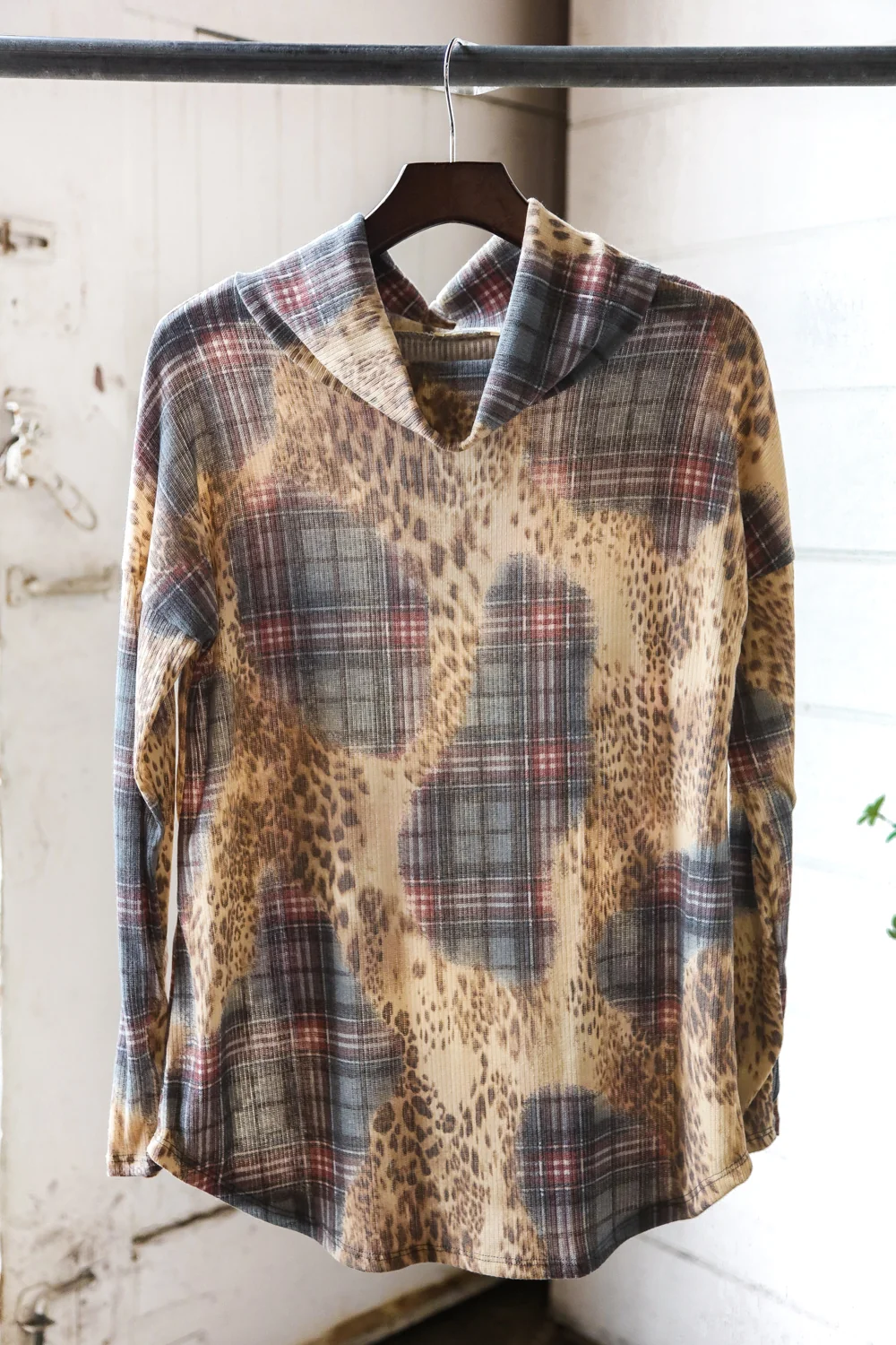 Plaid Animal Cowl Neck Top