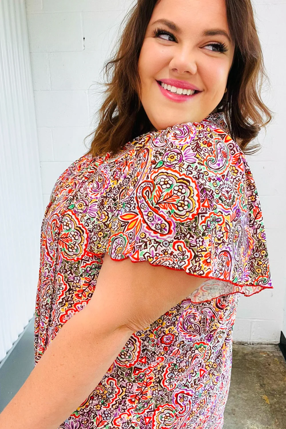 Plum Multicolor Boho Paisley Tie Neck Dolman Top (Open Pack) - Image 13