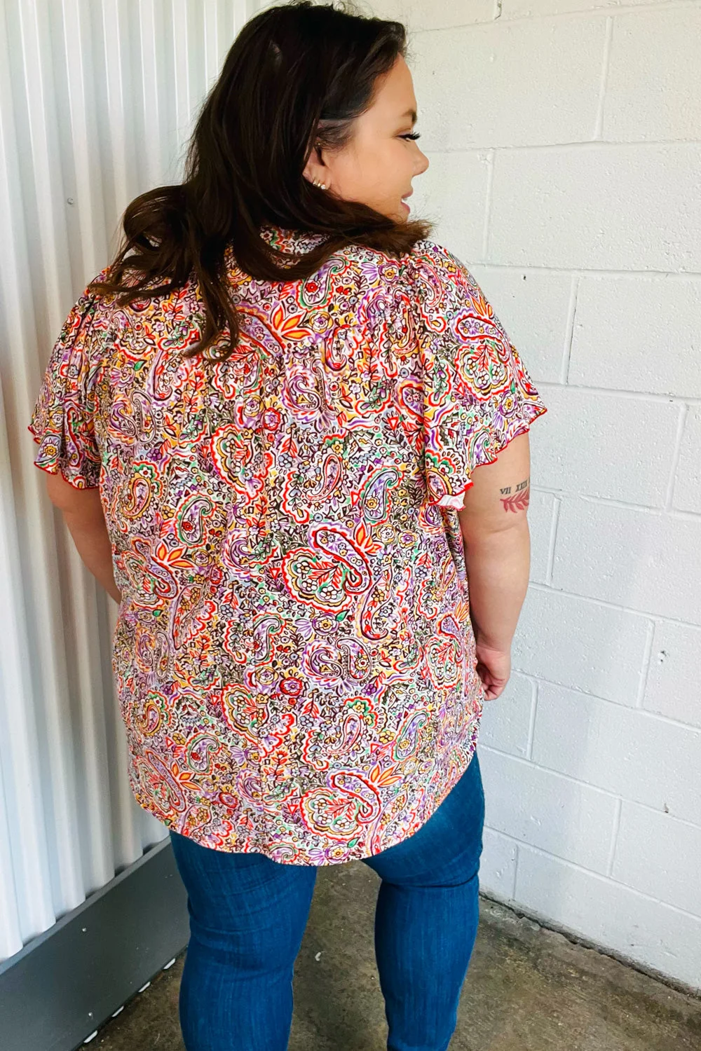 Plum Multicolor Boho Paisley Tie Neck Dolman Top (Open Pack) - Image 15