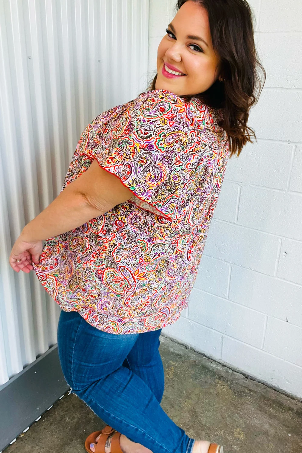 Plum Multicolor Boho Paisley Tie Neck Dolman Top (Open Pack) - Image 3