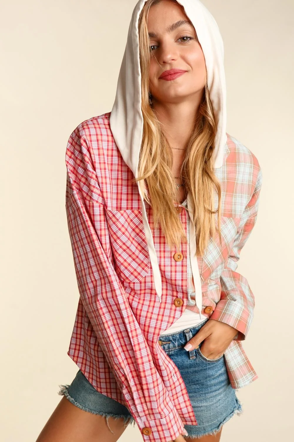 Plus Coral Mint Woven Plaid Jacket Pocketed Hoodie - Image 3