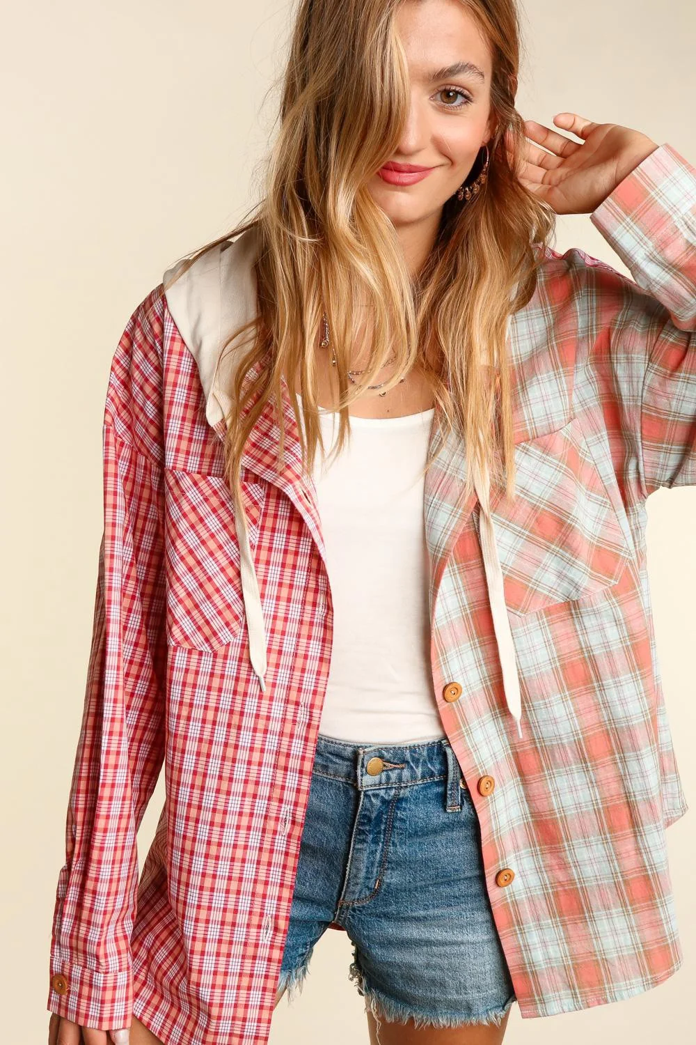 Plus Coral Mint Woven Plaid Jacket Pocketed Hoodie - Image 4