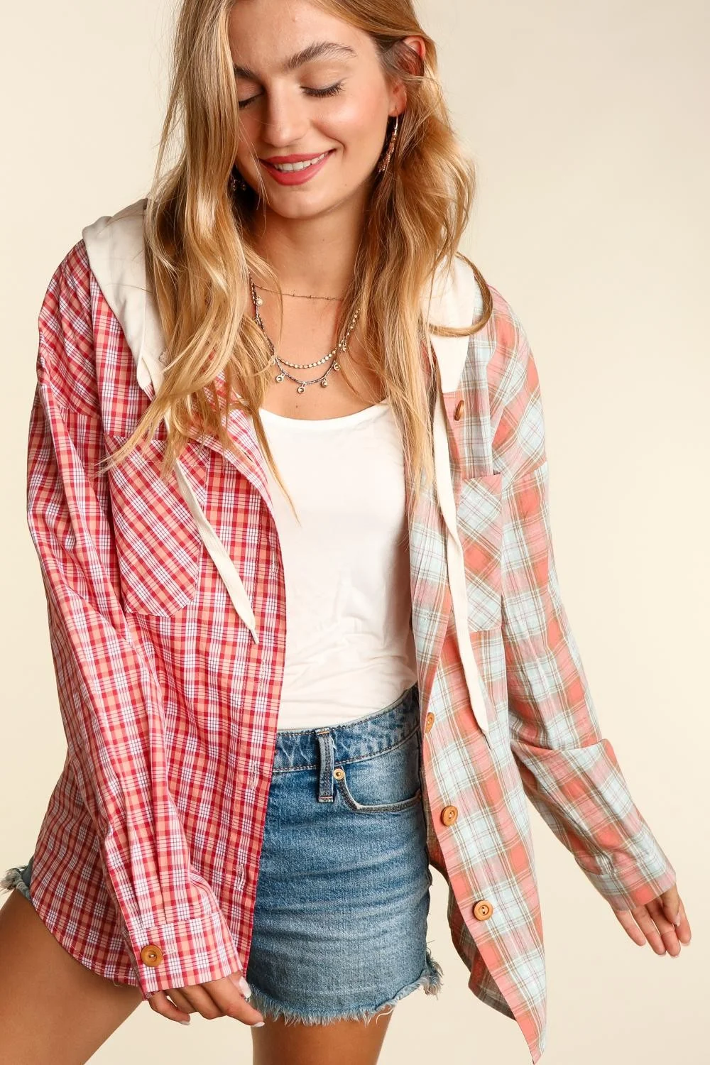 Plus Coral Mint Woven Plaid Jacket Pocketed Hoodie - Image 6