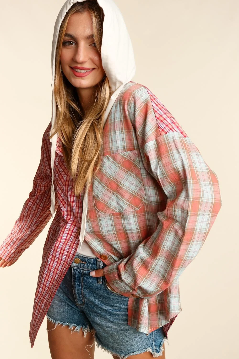 Plus Coral Mint Woven Plaid Jacket Pocketed Hoodie - Image 7