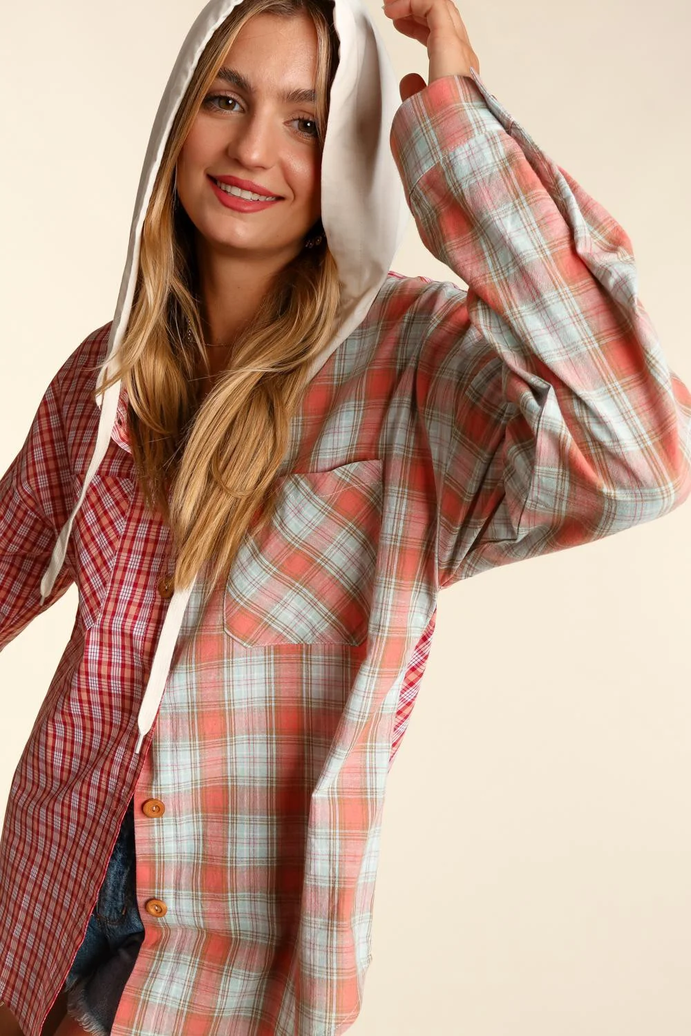 Plus Coral Mint Woven Plaid Jacket Pocketed Hoodie - Image 8