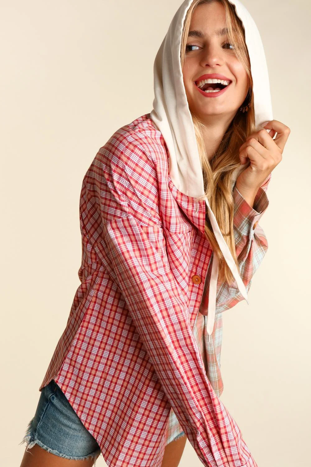 Plus Coral Mint Woven Plaid Jacket Pocketed Hoodie - Image 9