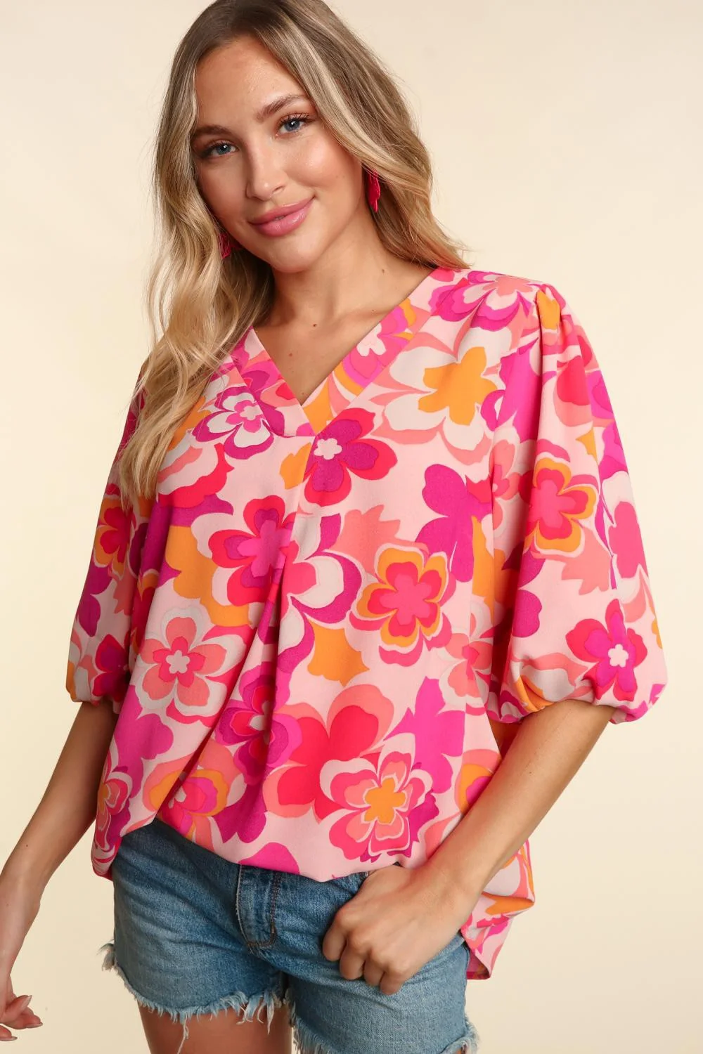 Plus Pink Fuchsia Floral Puff Bubble Elbow Length Sleeve Woven Top - Image 5