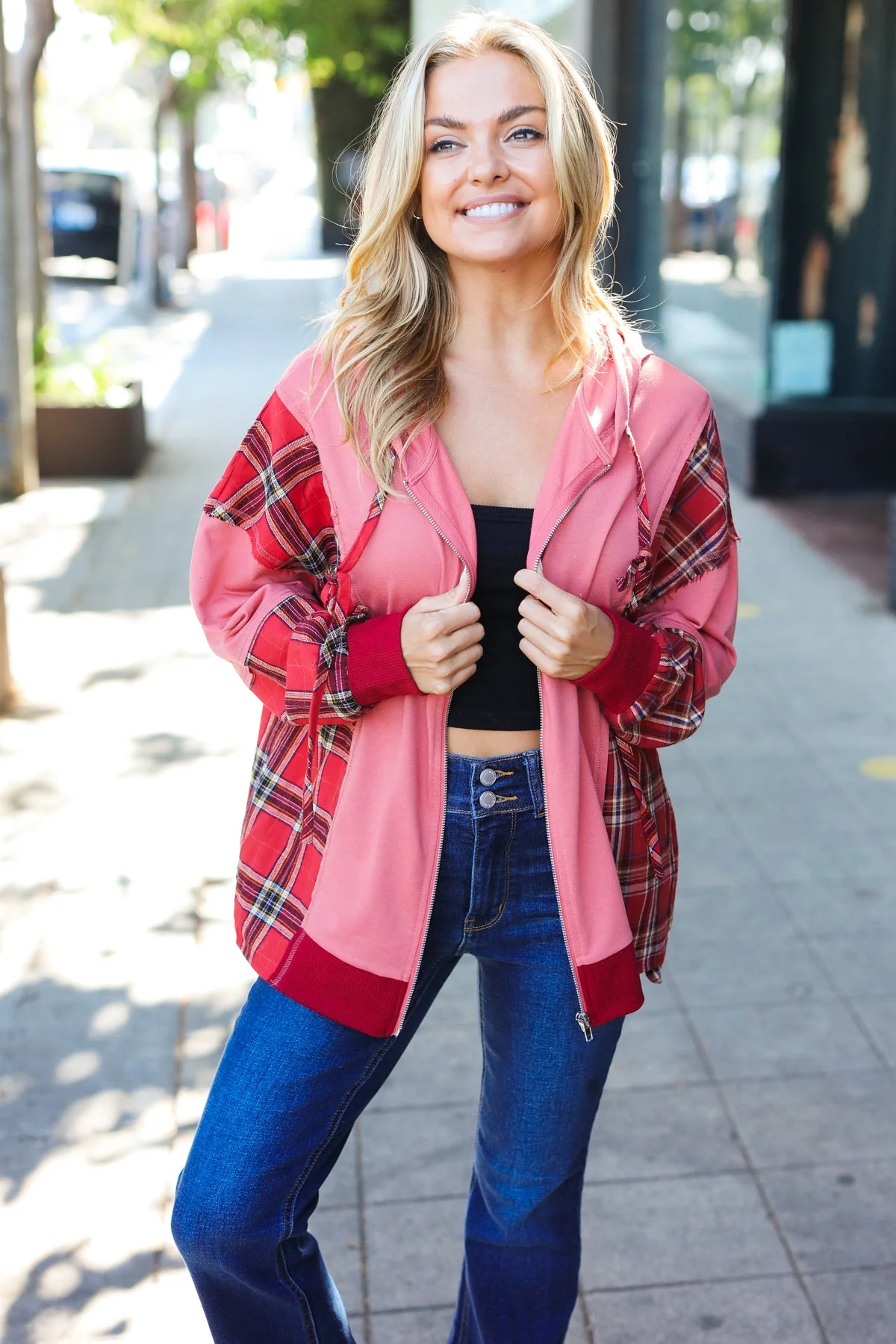 Plus Adorable in Marsala Plaid Color Block Zipper French Terry Hoodie - Image 13