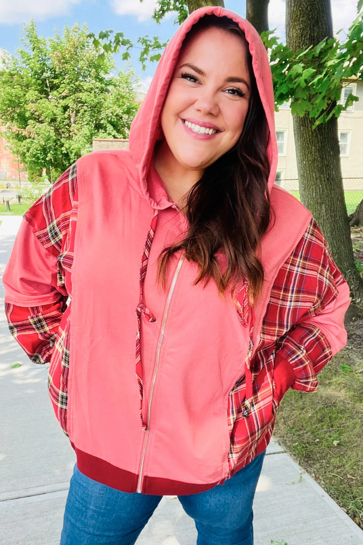 Plus Adorable in Marsala Plaid Color Block Zipper French Terry Hoodie - Image 15
