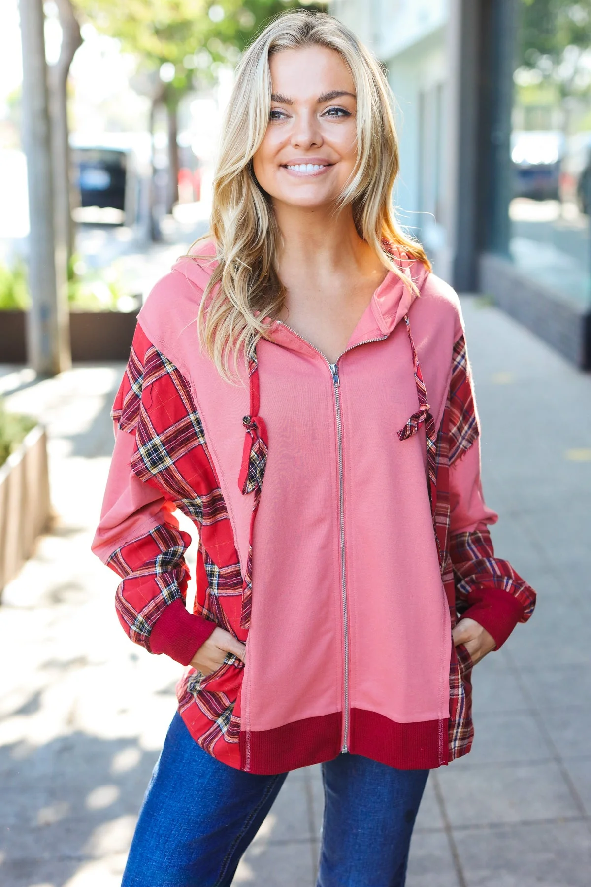 Plus Adorable in Marsala Plaid Color Block Zipper French Terry Hoodie - Image 26