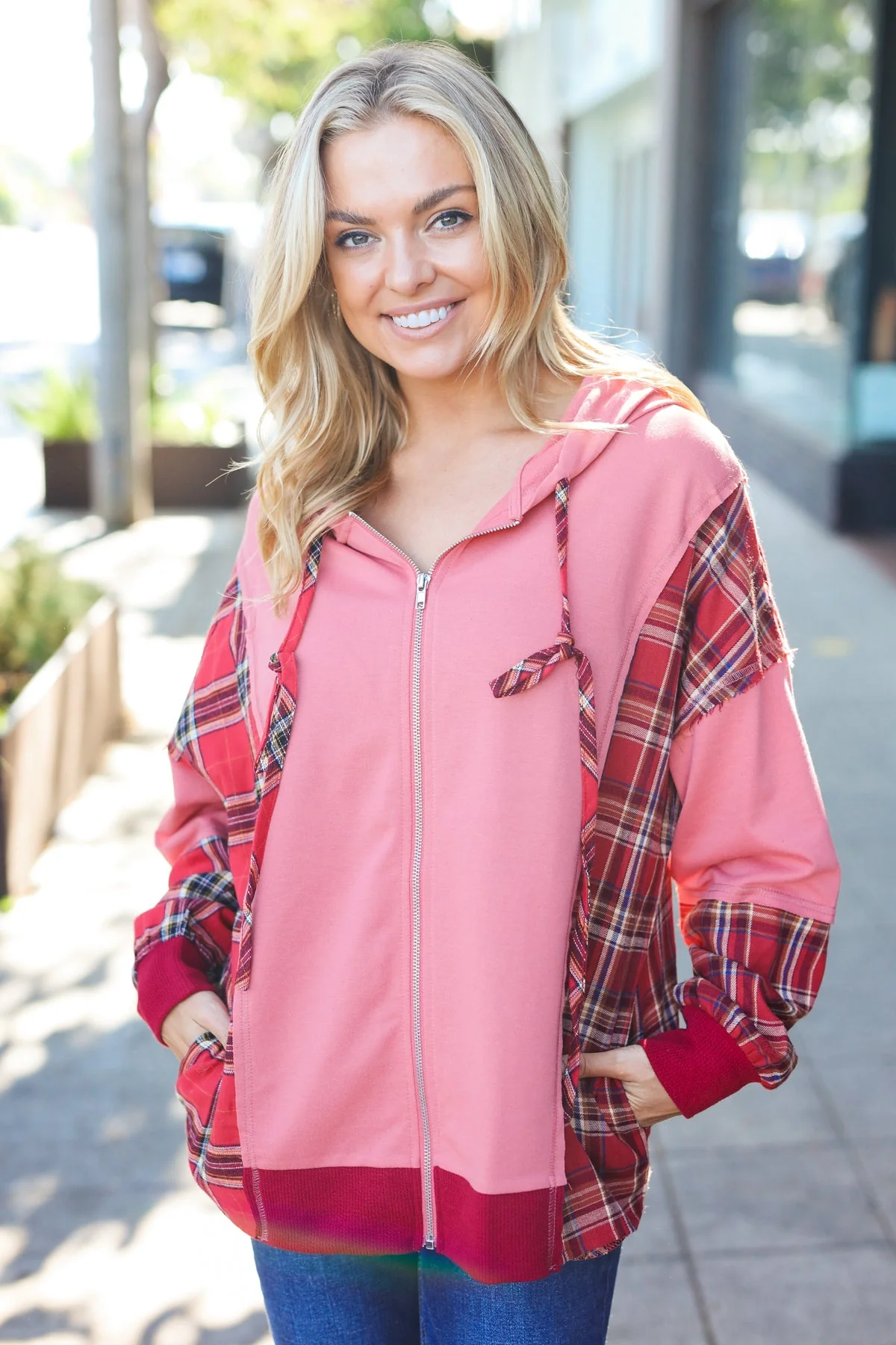 Plus Adorable in Marsala Plaid Color Block Zipper French Terry Hoodie - Image 27
