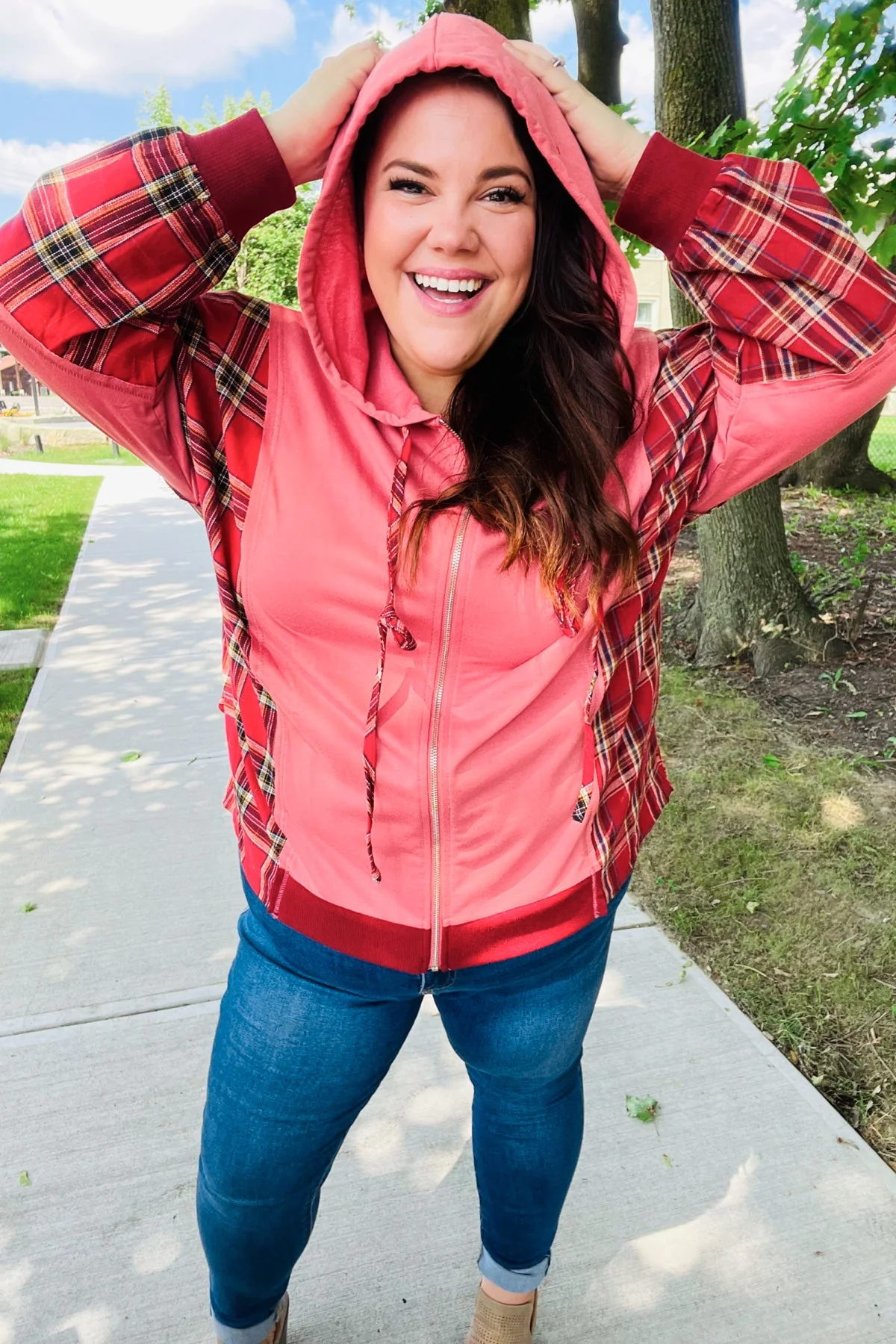 Plus Adorable in Marsala Plaid Color Block Zipper French Terry Hoodie - Image 3